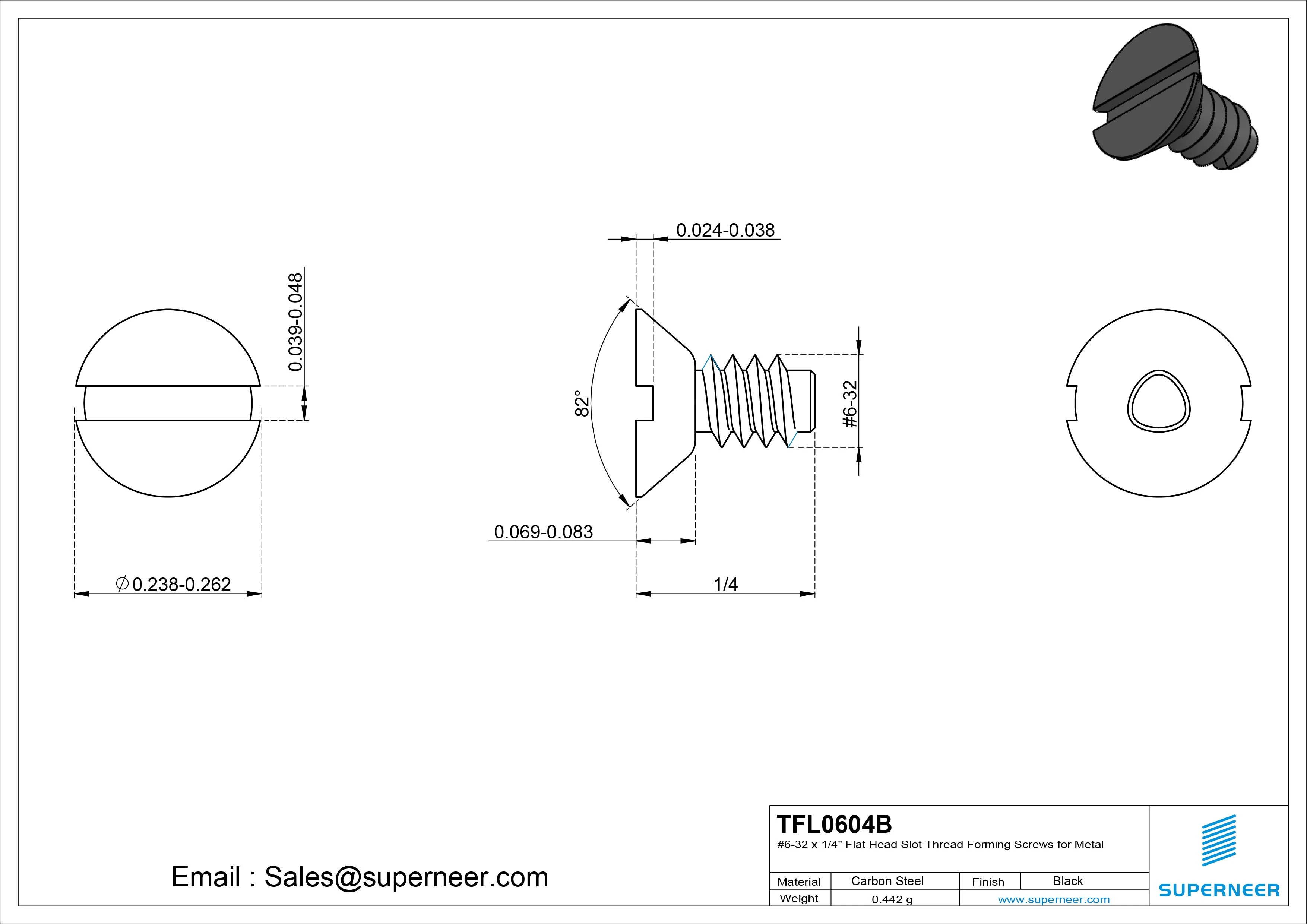 6-32 × 1/4 Flat Head Slot Thread Forming  Screws for Metal  Steel Black