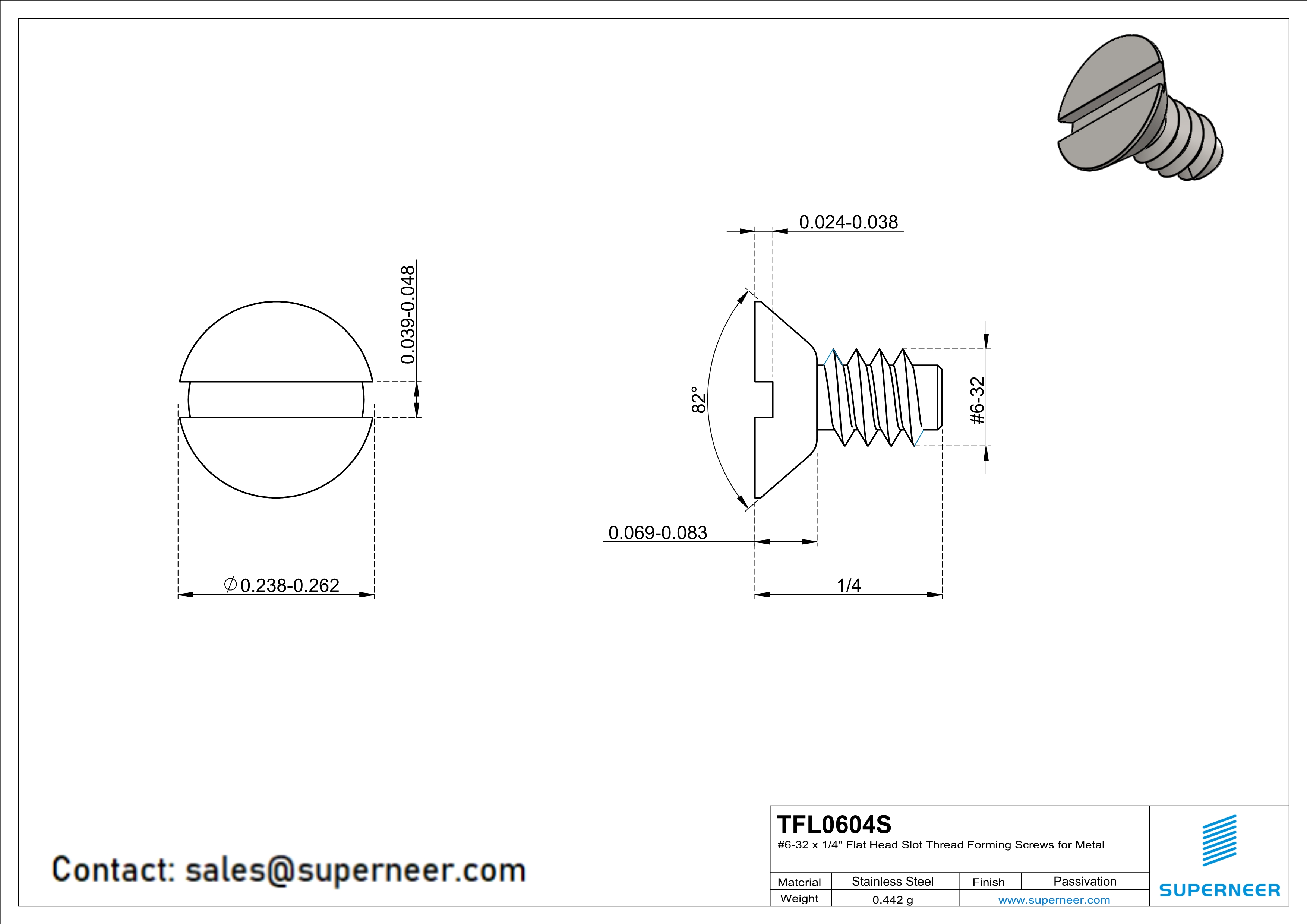 6-32 × 1/4 Flat Head Slot Thread Forming  Screws for Metal  SUS304 Stainless Steel Inox