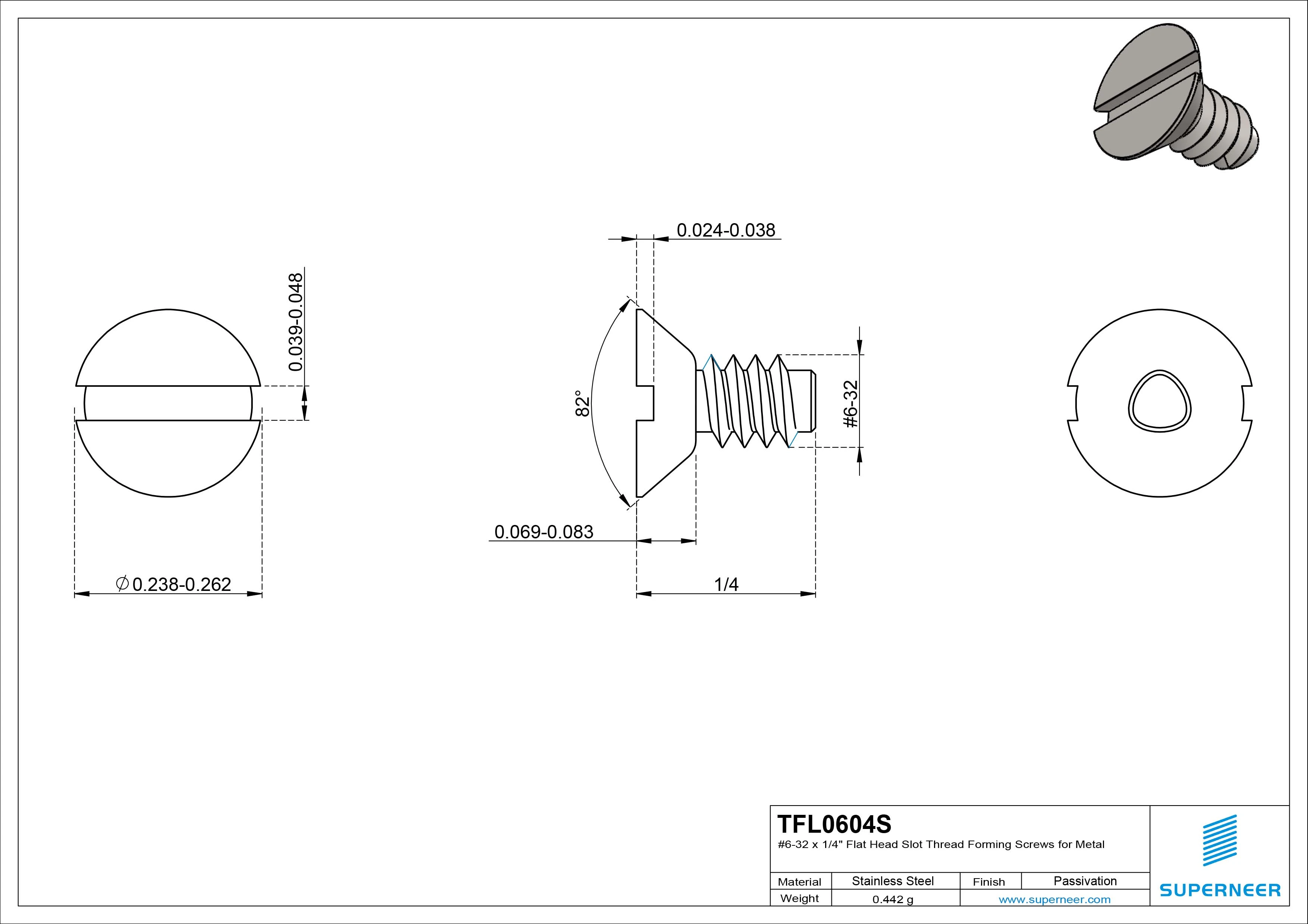 6-32 × 1/4 Flat Head Slot Thread Forming  Screws for Metal  SUS304 Stainless Steel Inox