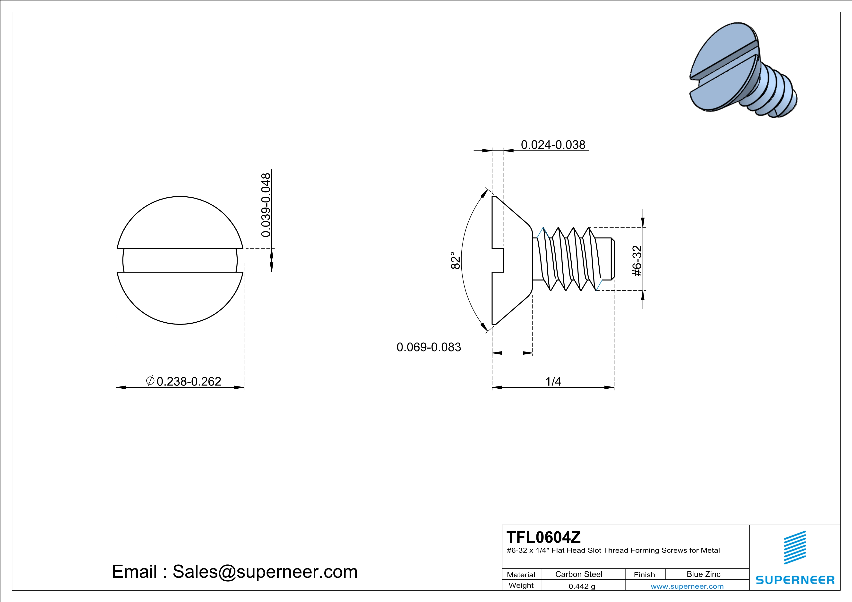 6-32 × 1/4 Flat Head Slot Thread Forming  Screws for Metal  Steel Blue Zinc Plated