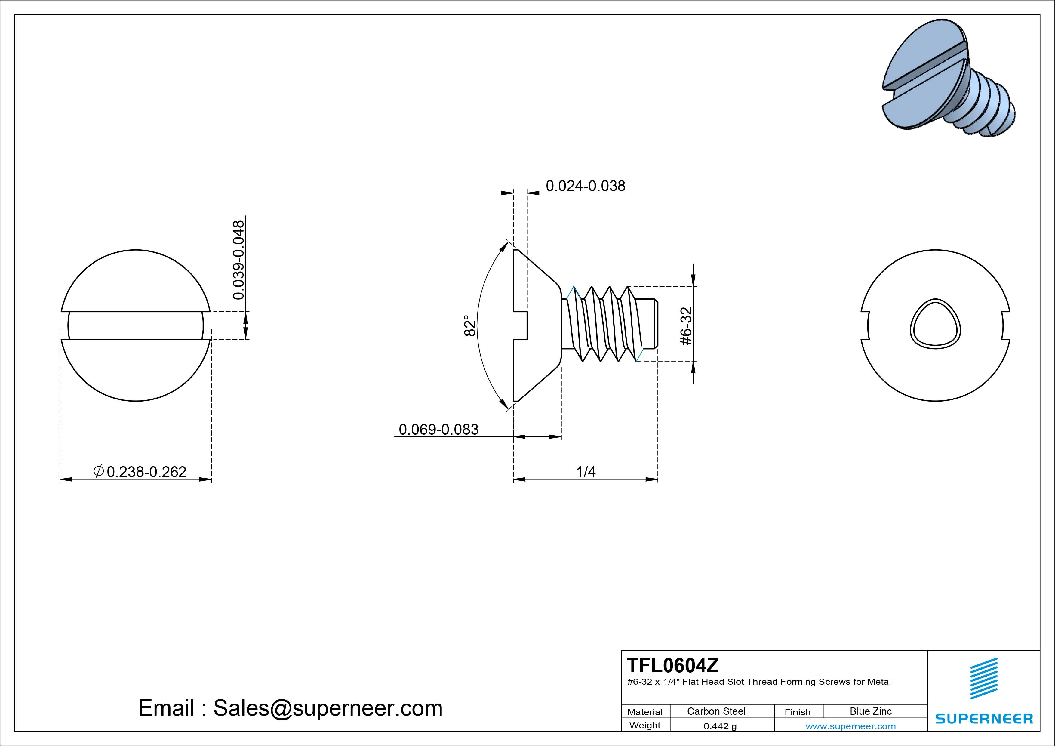 6-32 × 1/4 Flat Head Slot Thread Forming  Screws for Metal  Steel Blue Zinc Plated