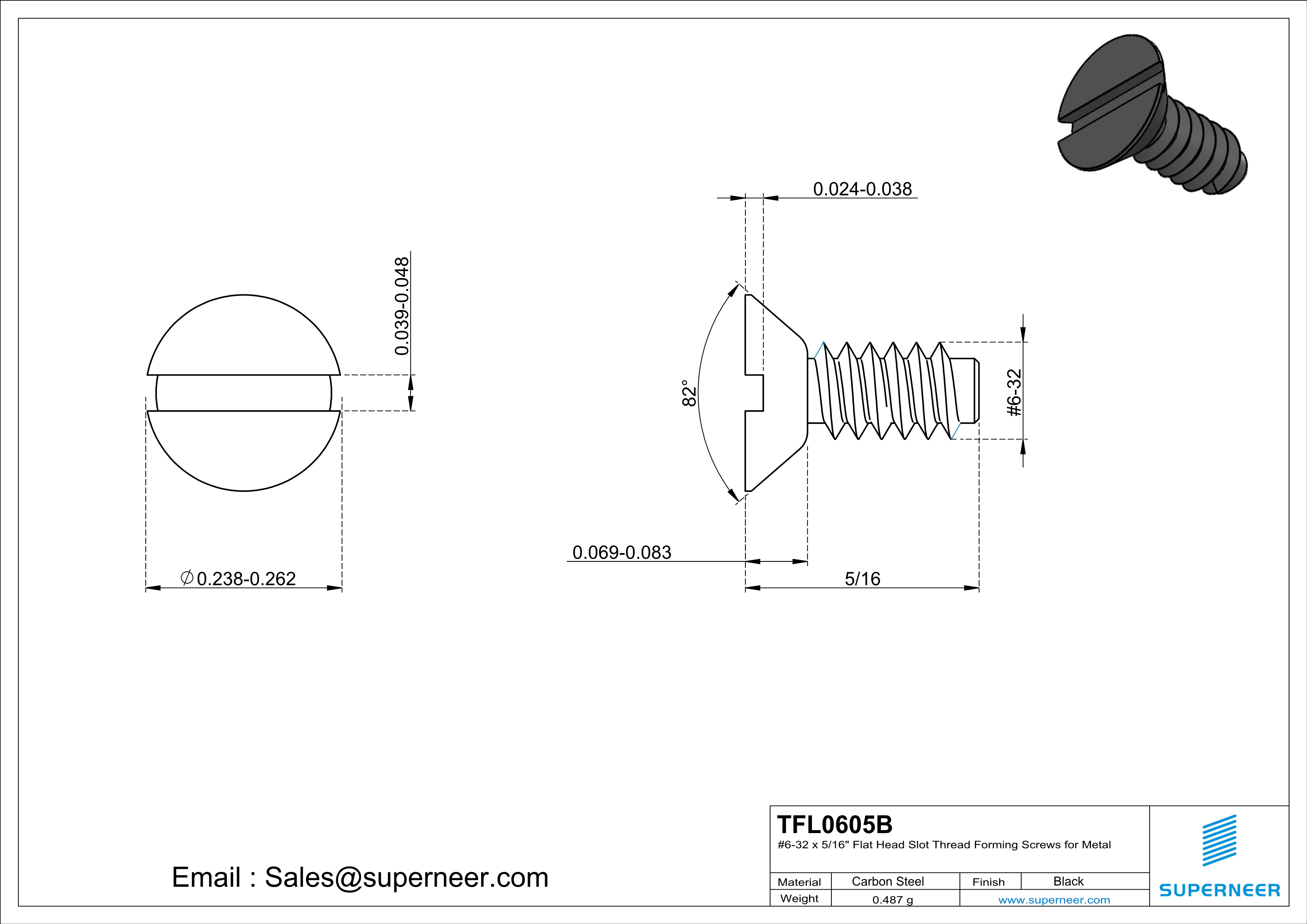 6-32 × 5/16 Flat Head Slot Thread Forming  Screws for Metal  Steel Black