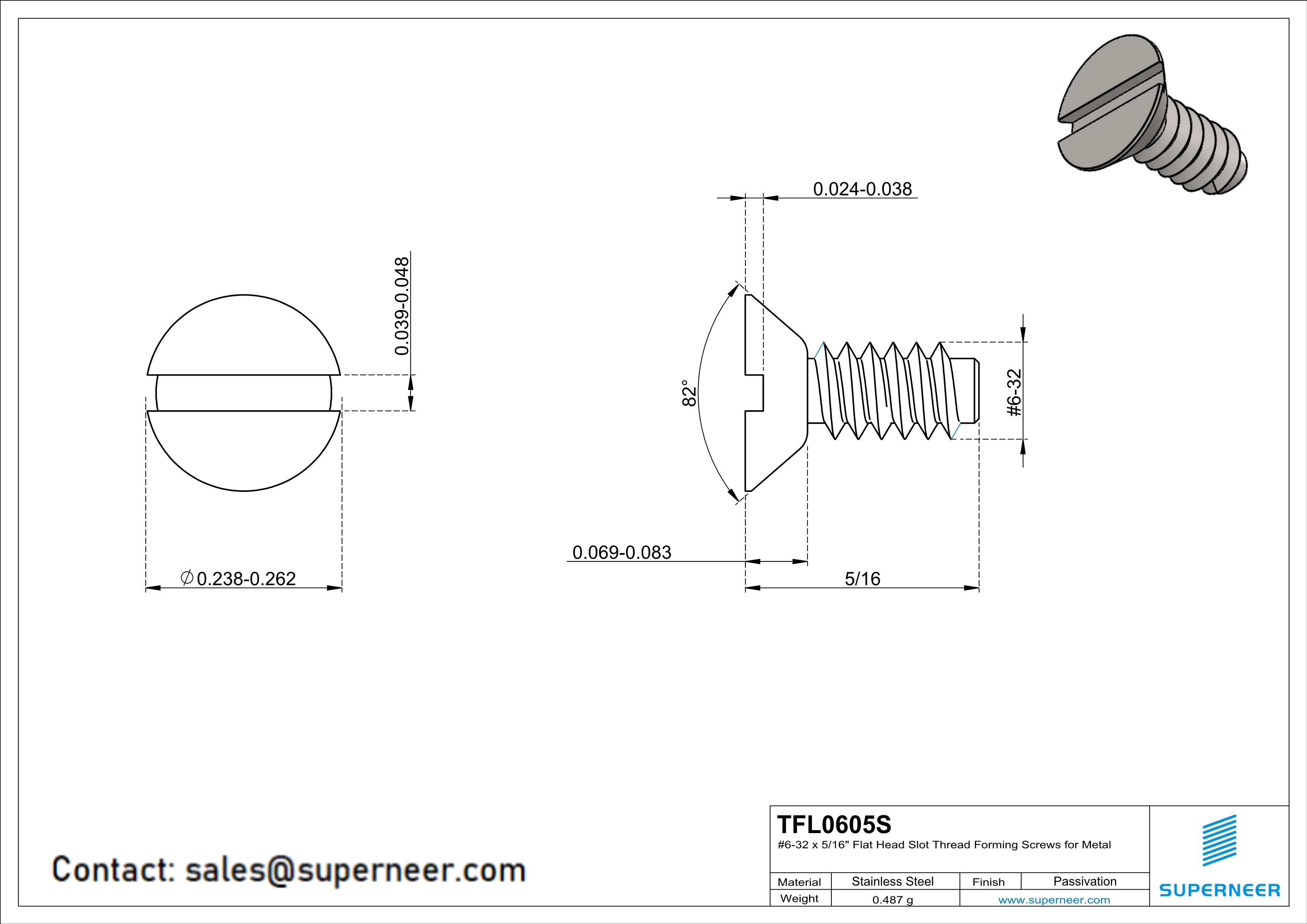 6-32 × 5/16 Flat Head Slot Thread Forming  Screws for Metal  SUS304 Stainless Steel Inox