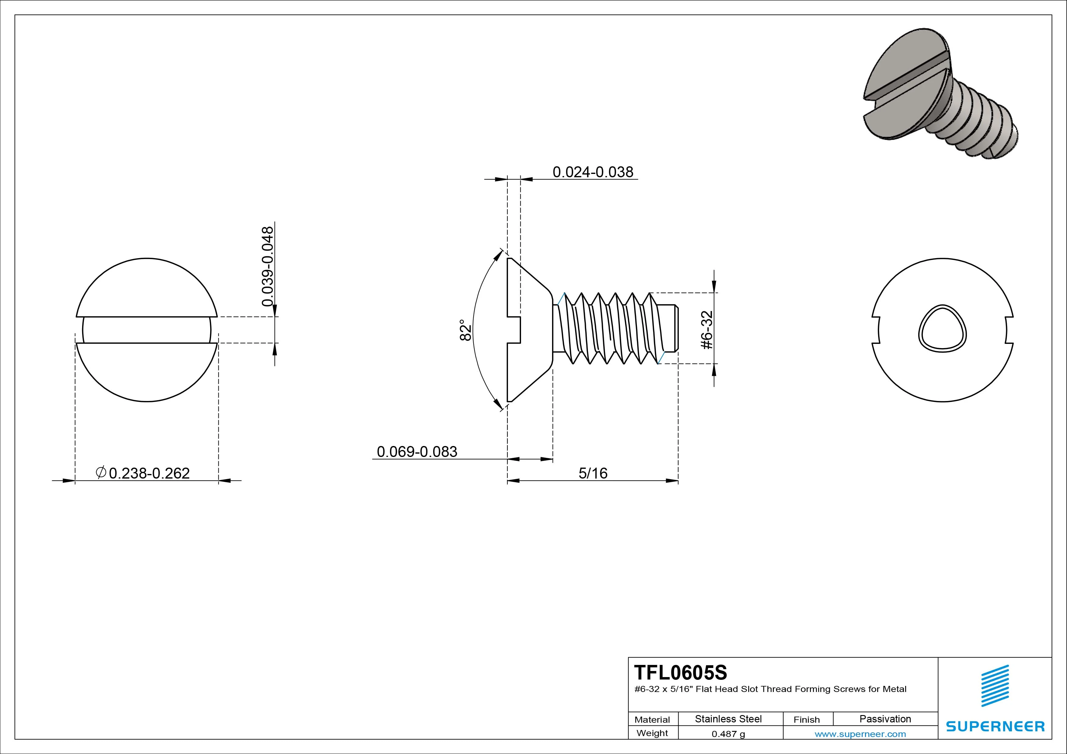 6-32 × 5/16 Flat Head Slot Thread Forming  Screws for Metal  SUS304 Stainless Steel Inox