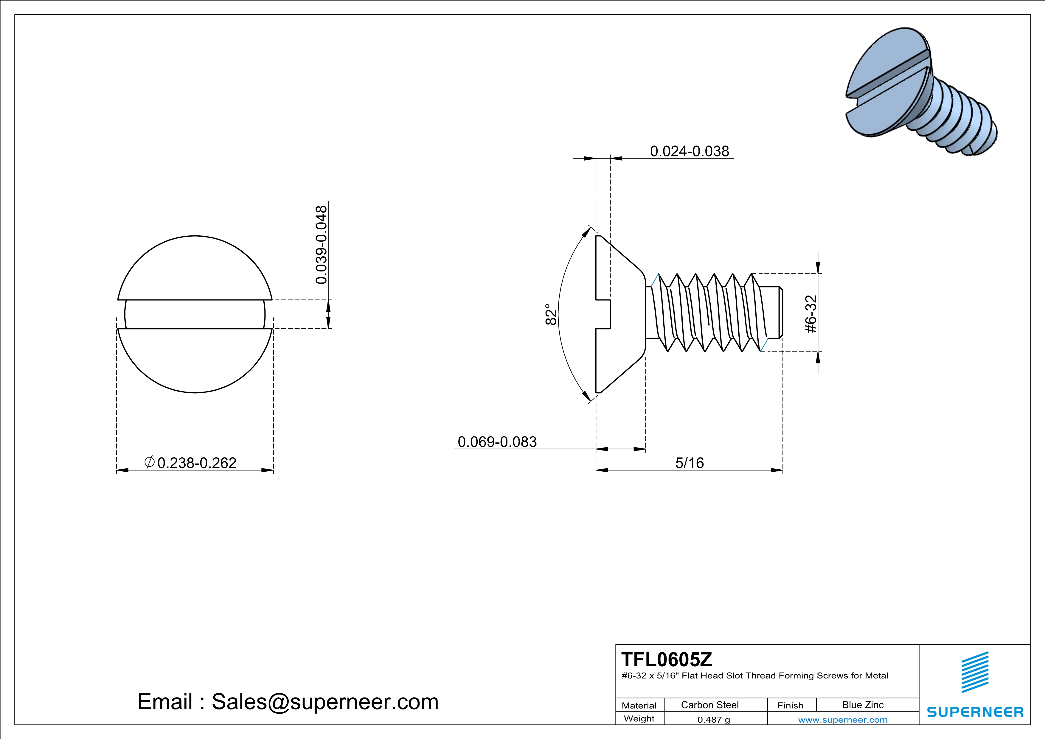6-32 × 5/16 Flat Head Slot Thread Forming  Screws for Metal  Steel Blue Zinc Plated