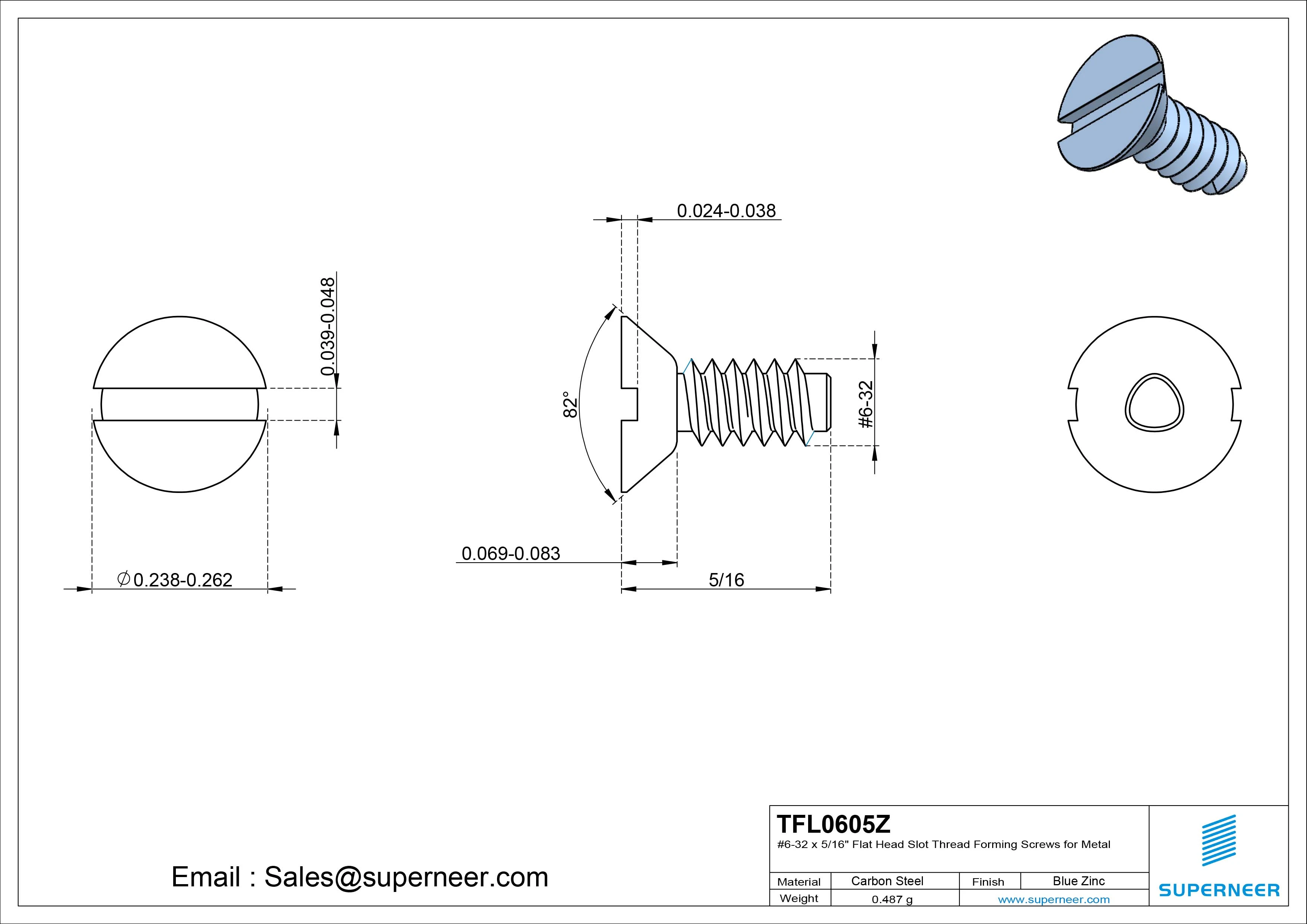 6-32 × 5/16 Flat Head Slot Thread Forming  Screws for Metal  Steel Blue Zinc Plated