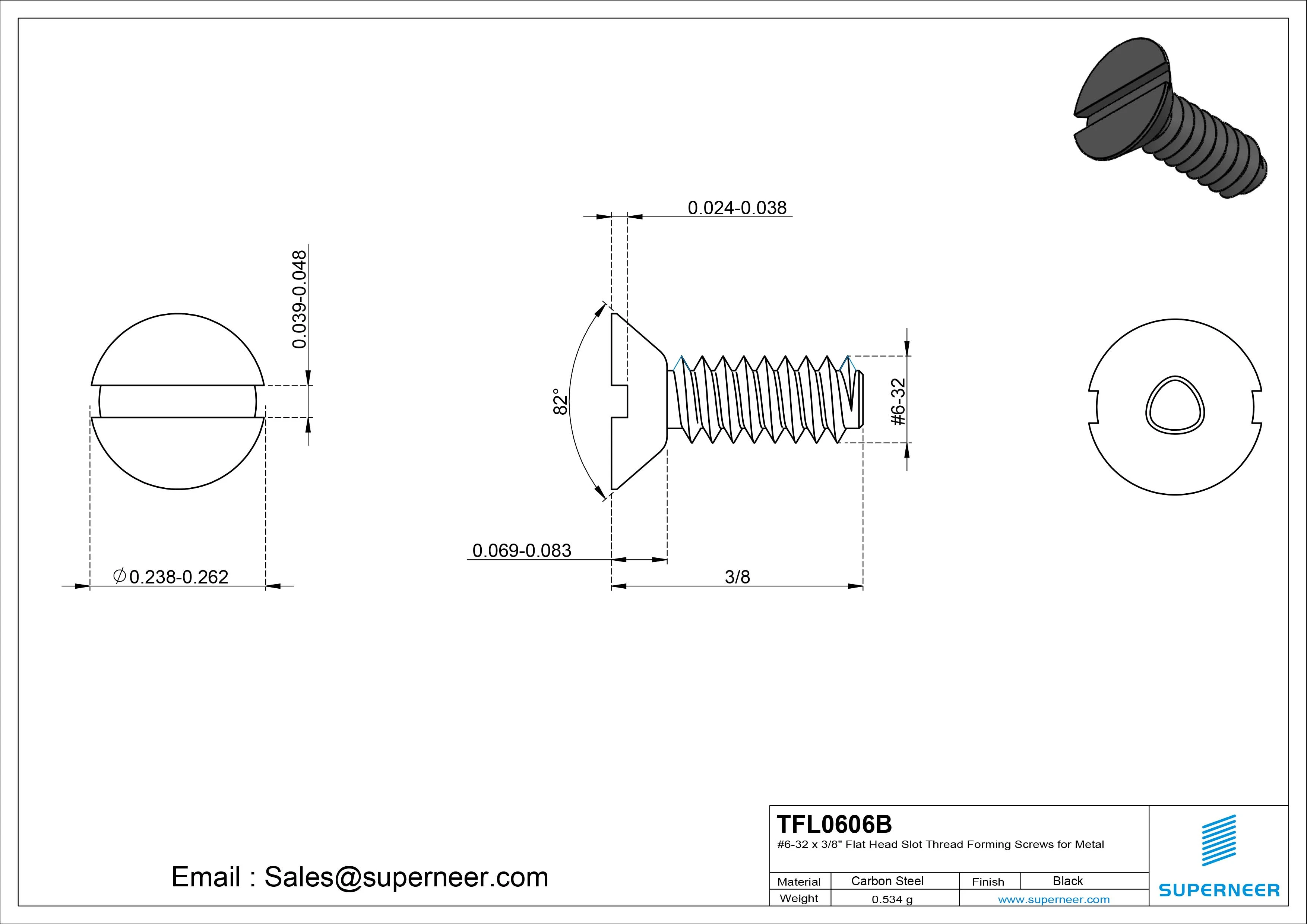 6-32 × 3/8 Flat Head Slot Thread Forming  Screws for Metal  Steel Black