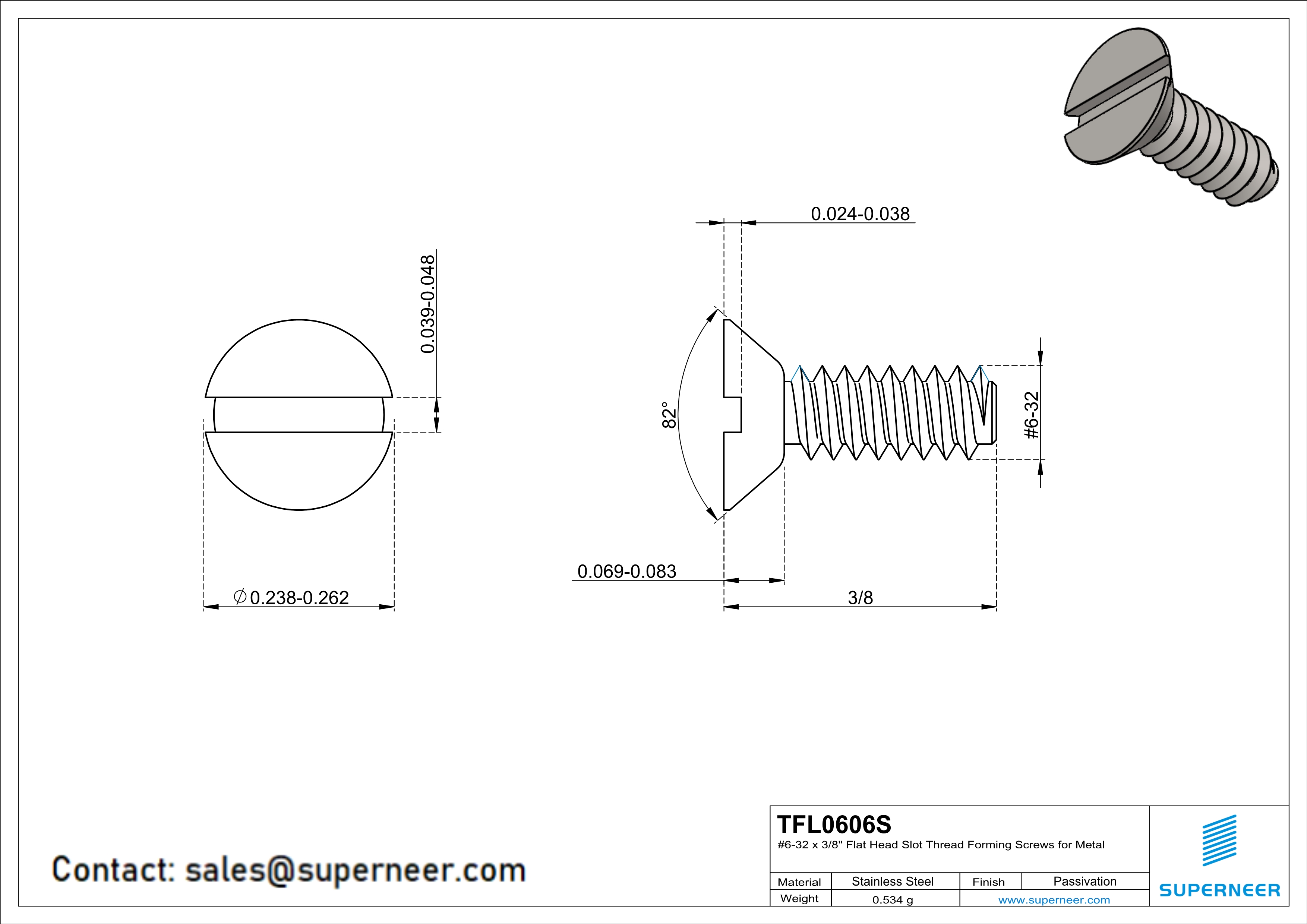 6-32 × 3/8 Flat Head Slot Thread Forming  Screws for Metal  SUS304 Stainless Steel Inox