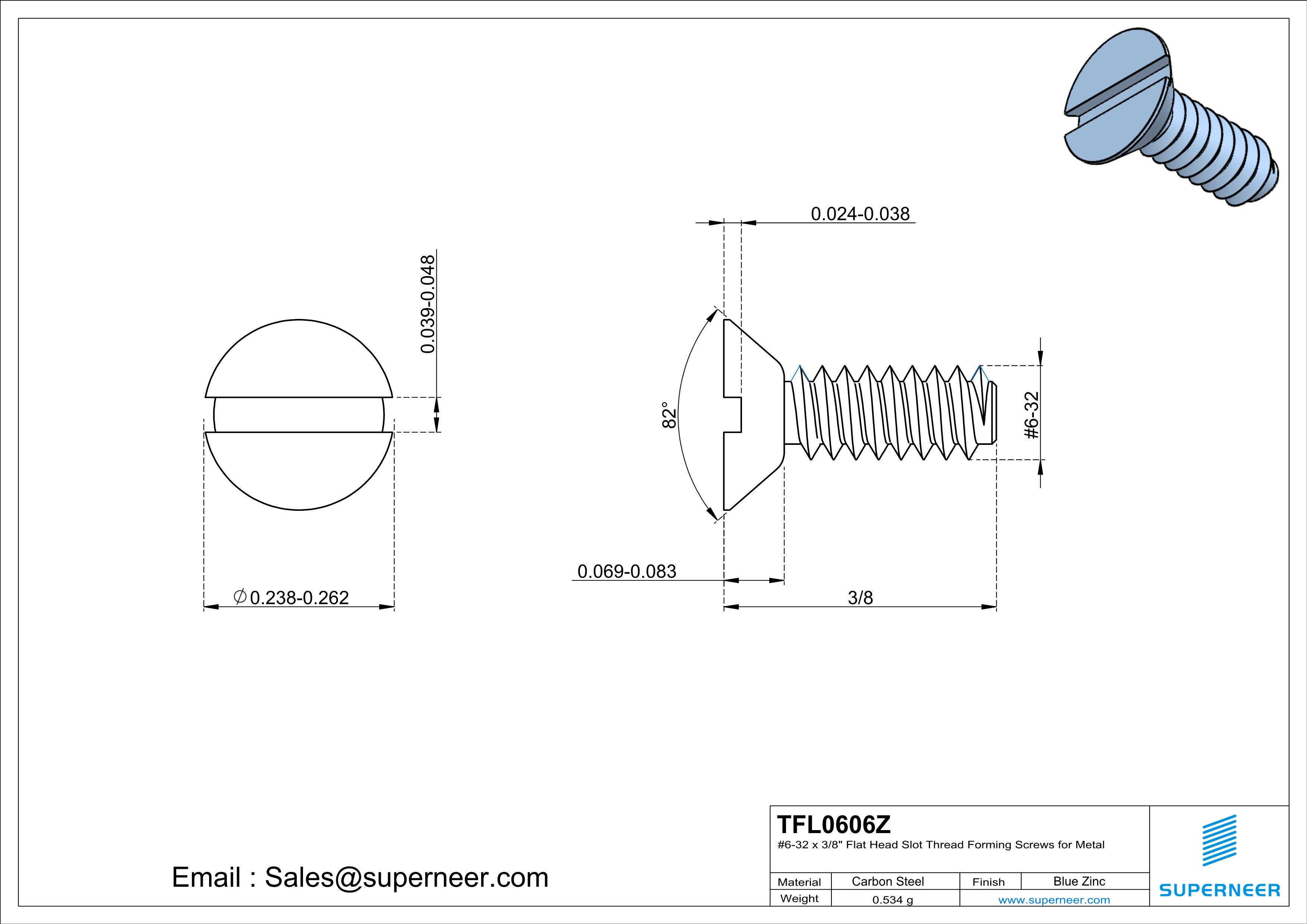 6-32 × 3/8 Flat Head Slot Thread Forming  Screws for Metal  Steel Blue Zinc Plated