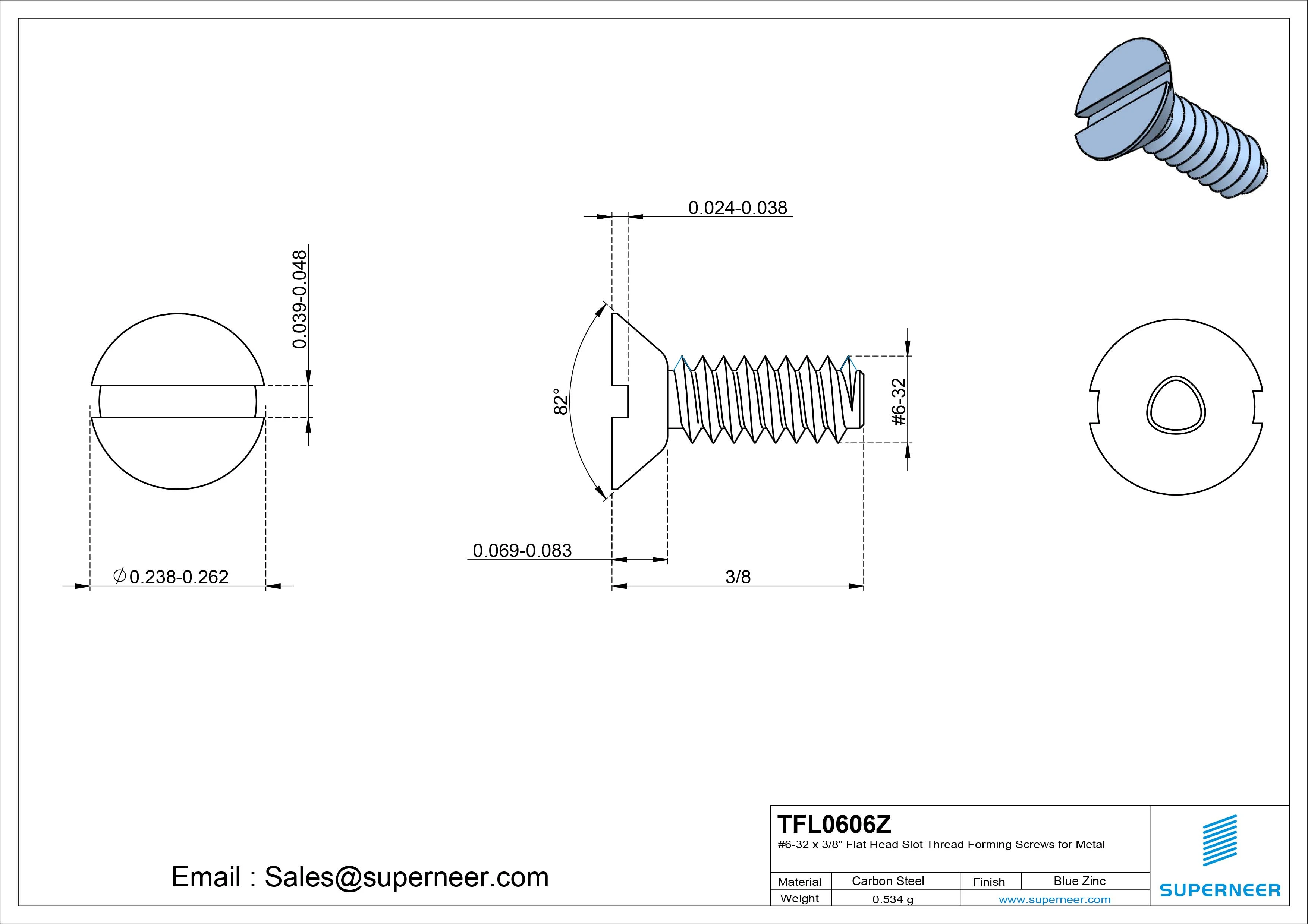 6-32 × 3/8 Flat Head Slot Thread Forming  Screws for Metal  Steel Blue Zinc Plated