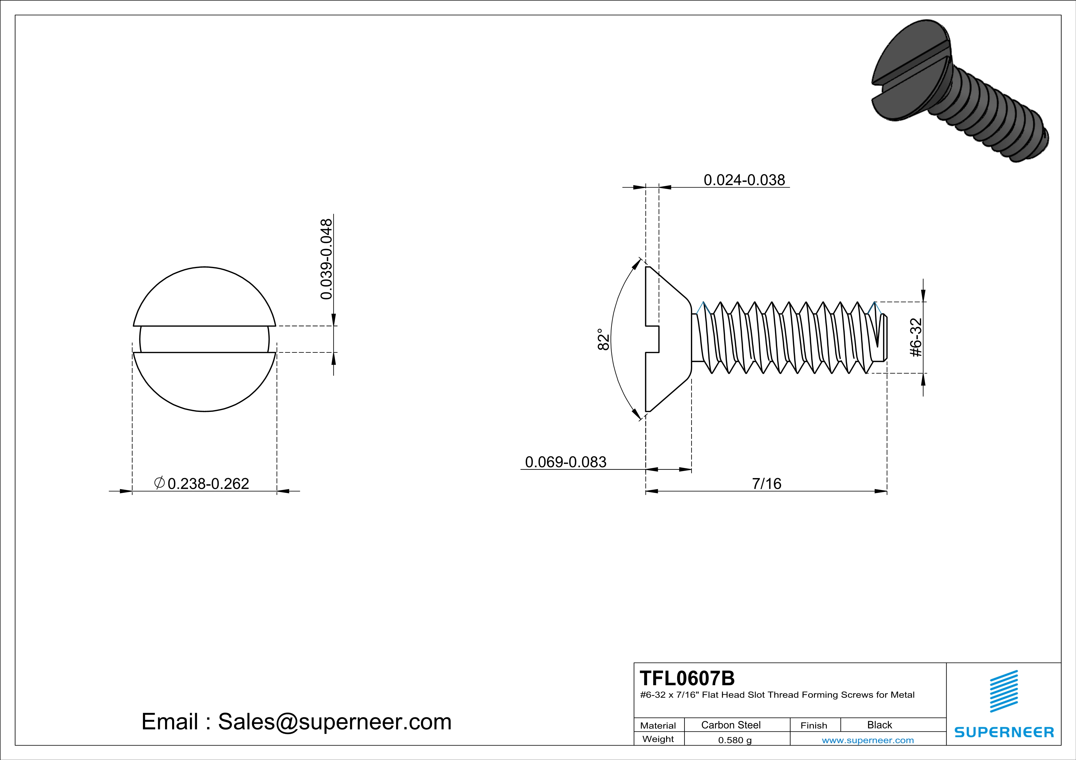 6-32 × 7/16 Flat Head Slot Thread Forming  Screws for Metal  Steel Black