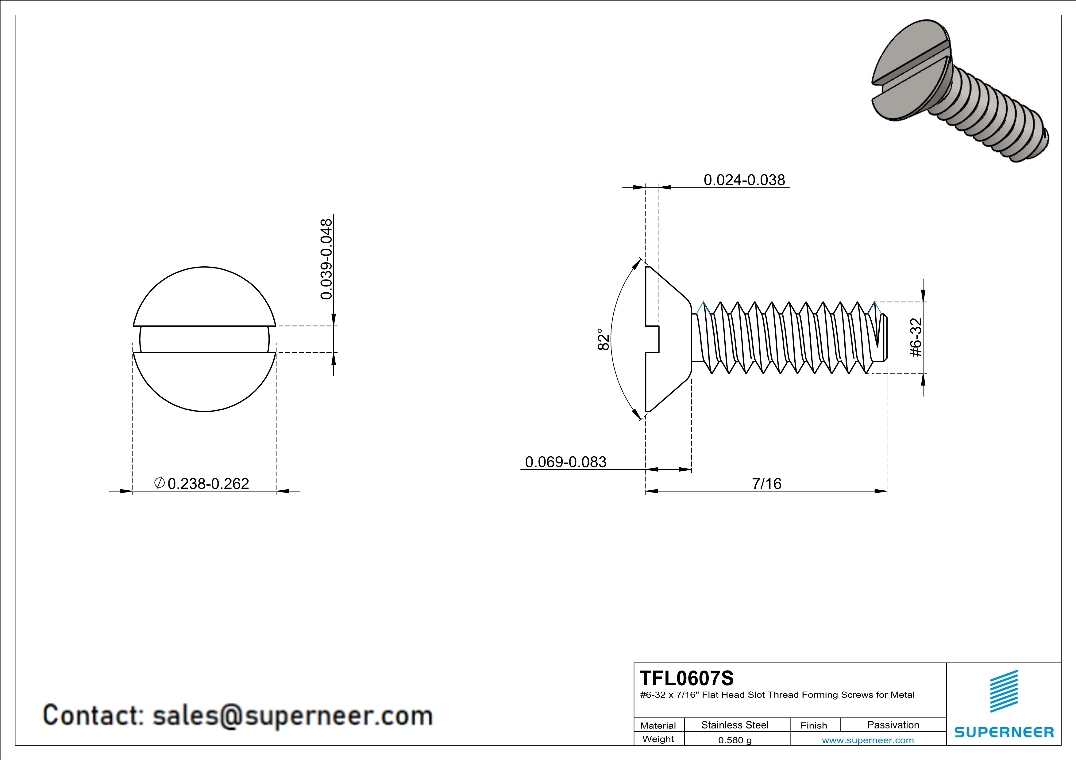 6-32 × 7/16 Flat Head Slot Thread Forming  Screws for Metal  SUS304 Stainless Steel Inox