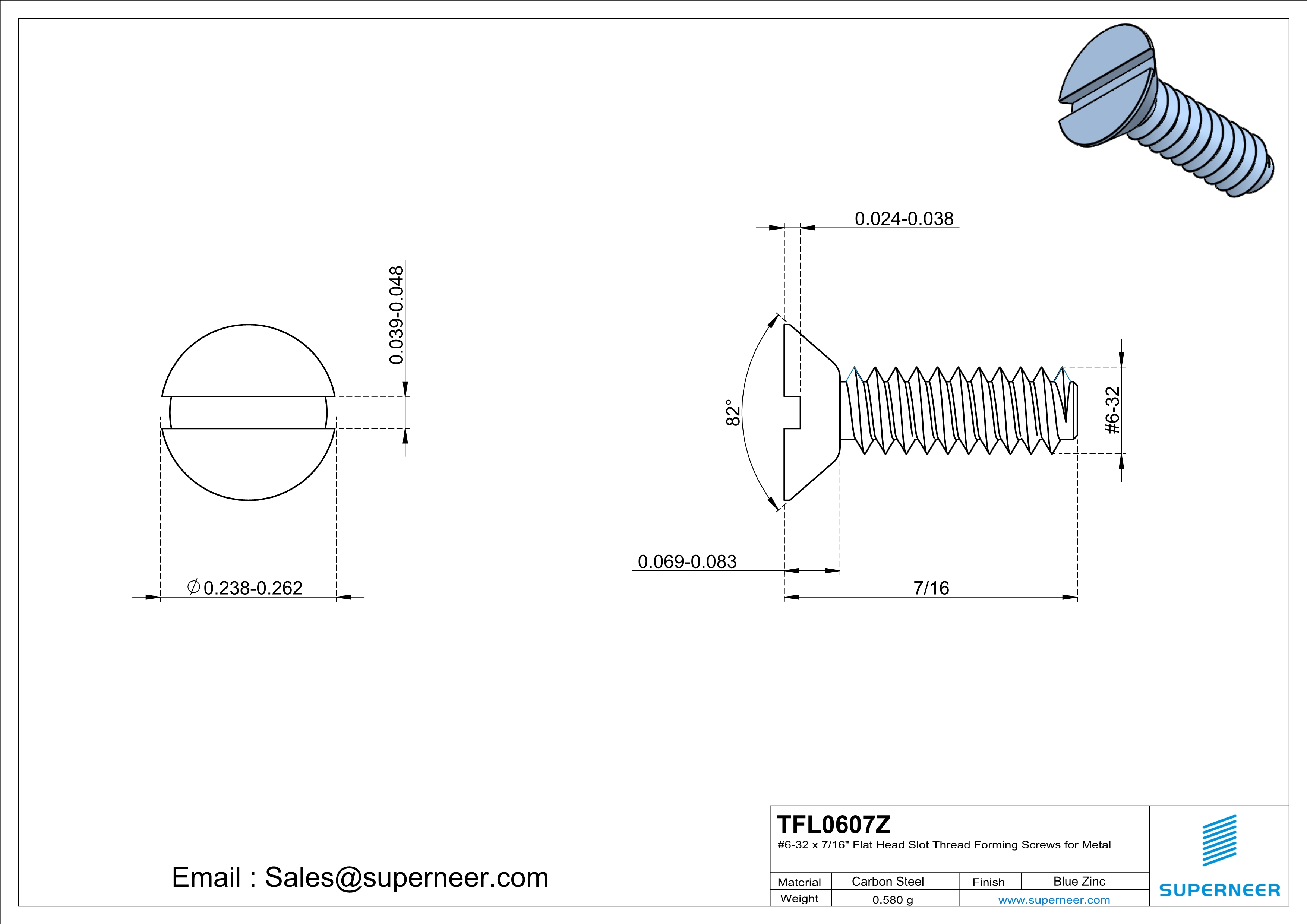 6-32 × 7/16 Flat Head Slot Thread Forming  Screws for Metal  Steel Blue Zinc Plated