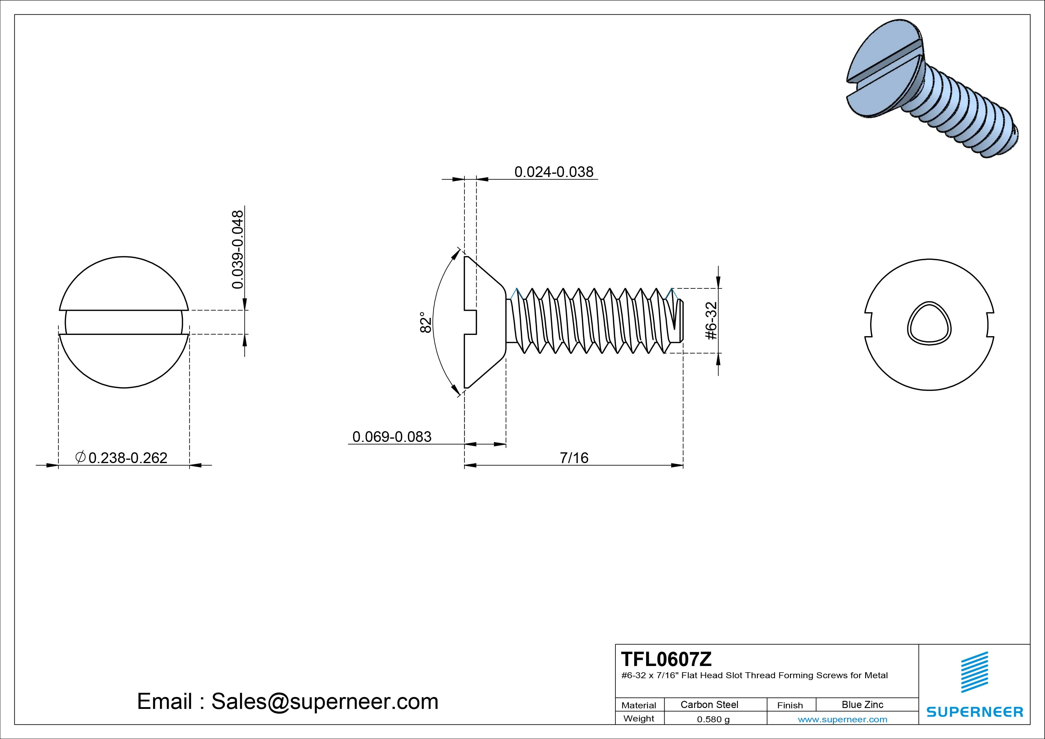 6-32 × 7/16 Flat Head Slot Thread Forming  Screws for Metal  Steel Blue Zinc Plated