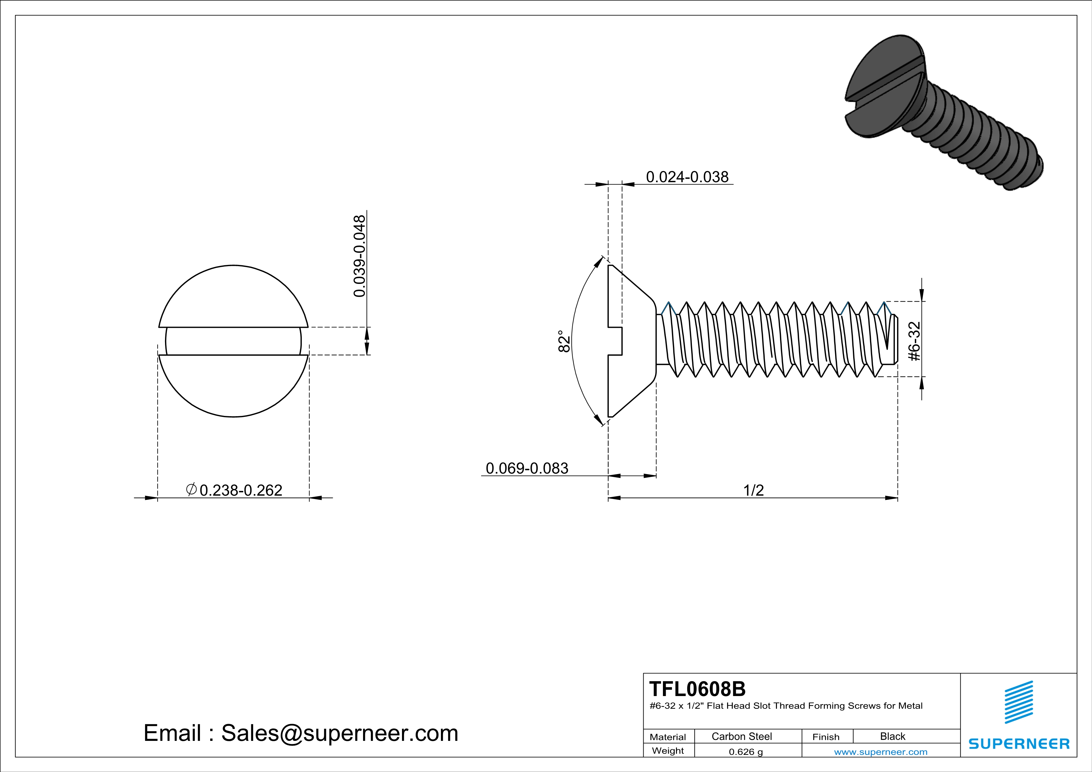 6-32 × 1/2 Flat Head Slot Thread Forming  Screws for Metal  Steel Black