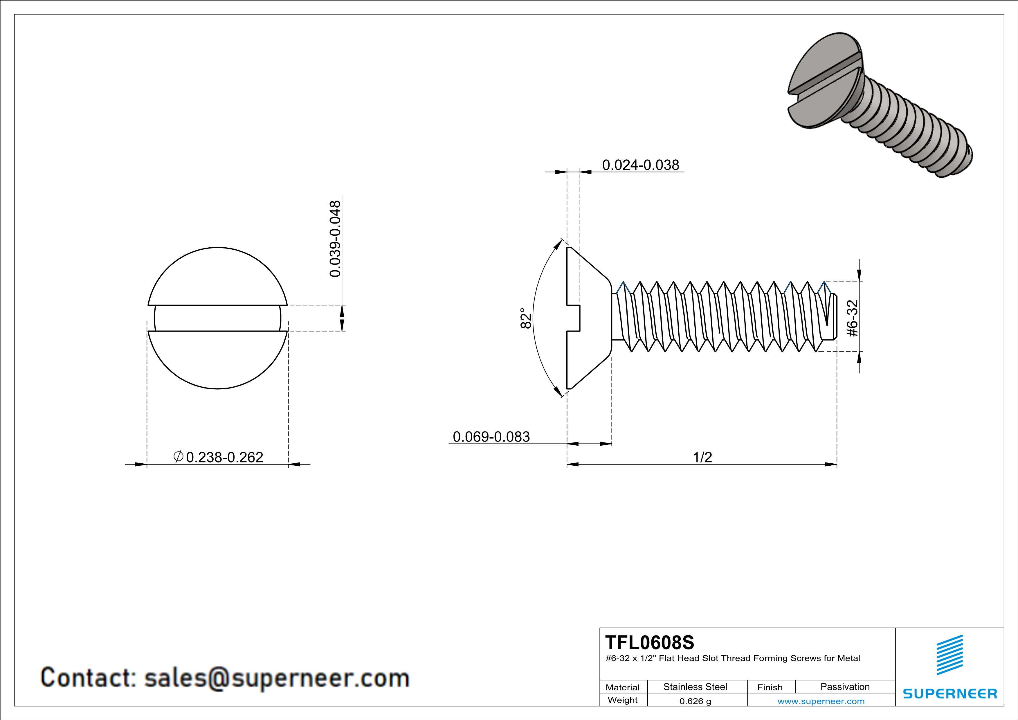 6-32 × 1/2 Flat Head Slot Thread Forming  Screws for Metal  SUS304 Stainless Steel Inox