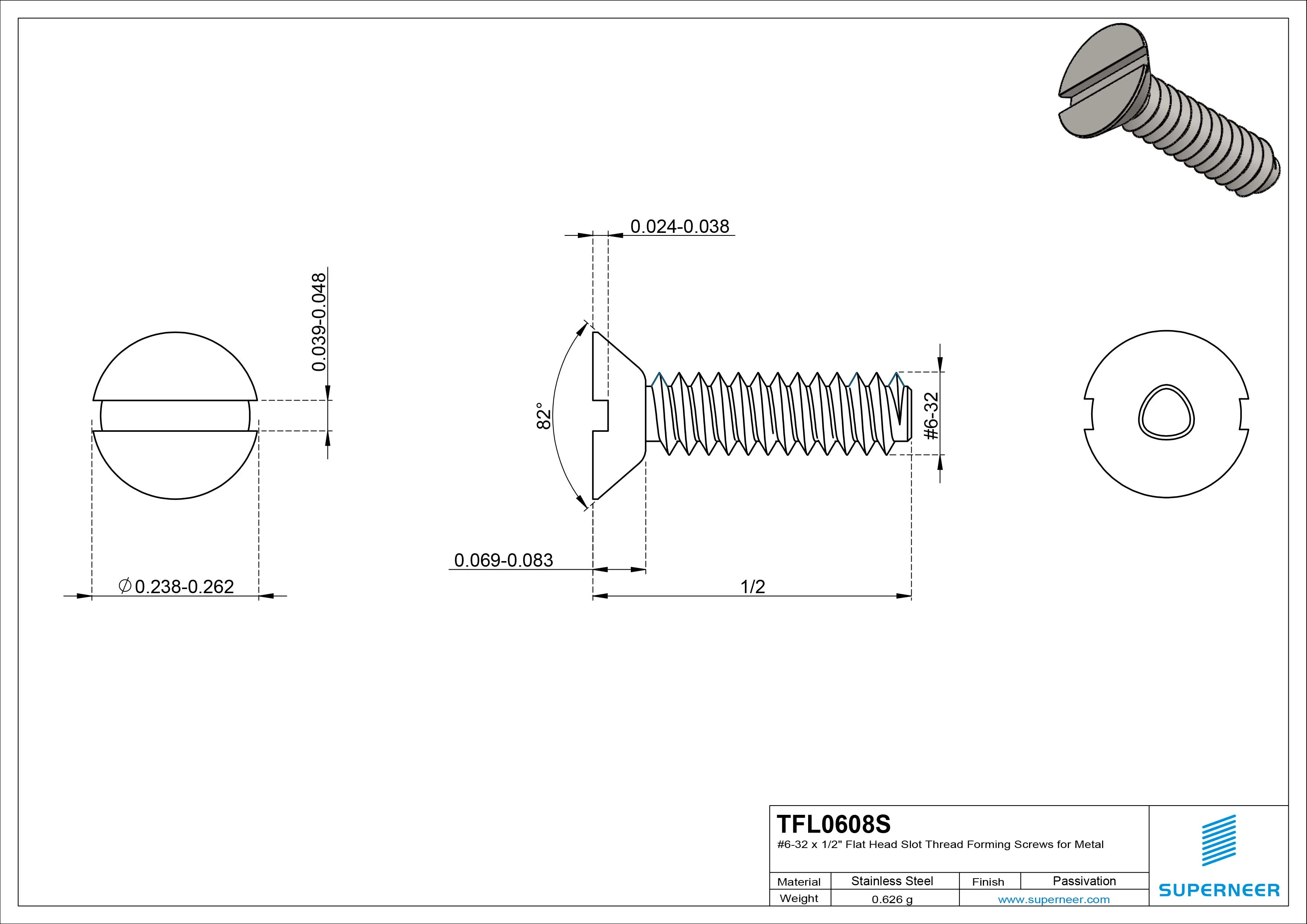 6-32 × 1/2 Flat Head Slot Thread Forming  Screws for Metal  SUS304 Stainless Steel Inox