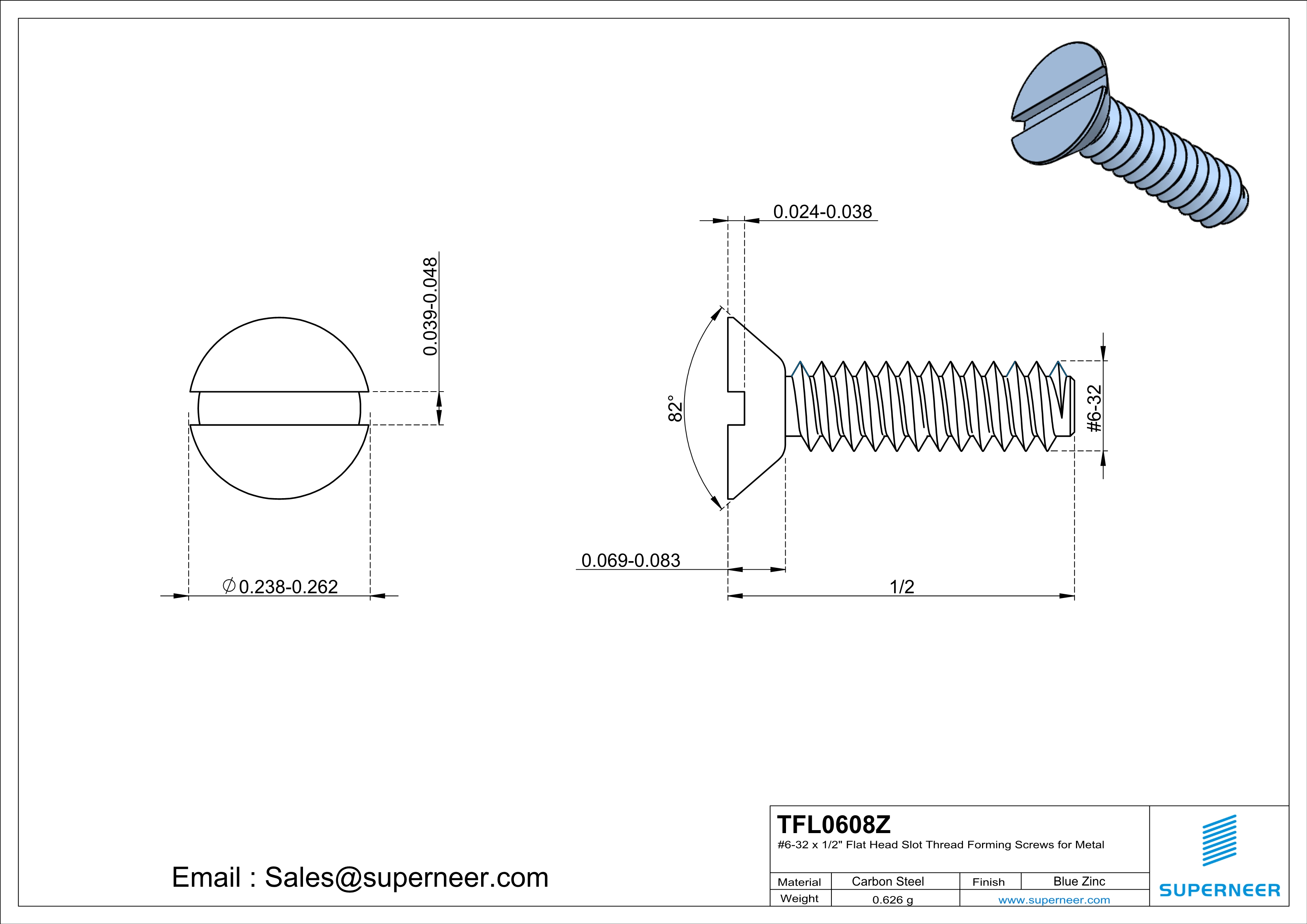 6-32 × 1/2 Flat Head Slot Thread Forming  Screws for Metal  Steel Blue Zinc Plated
