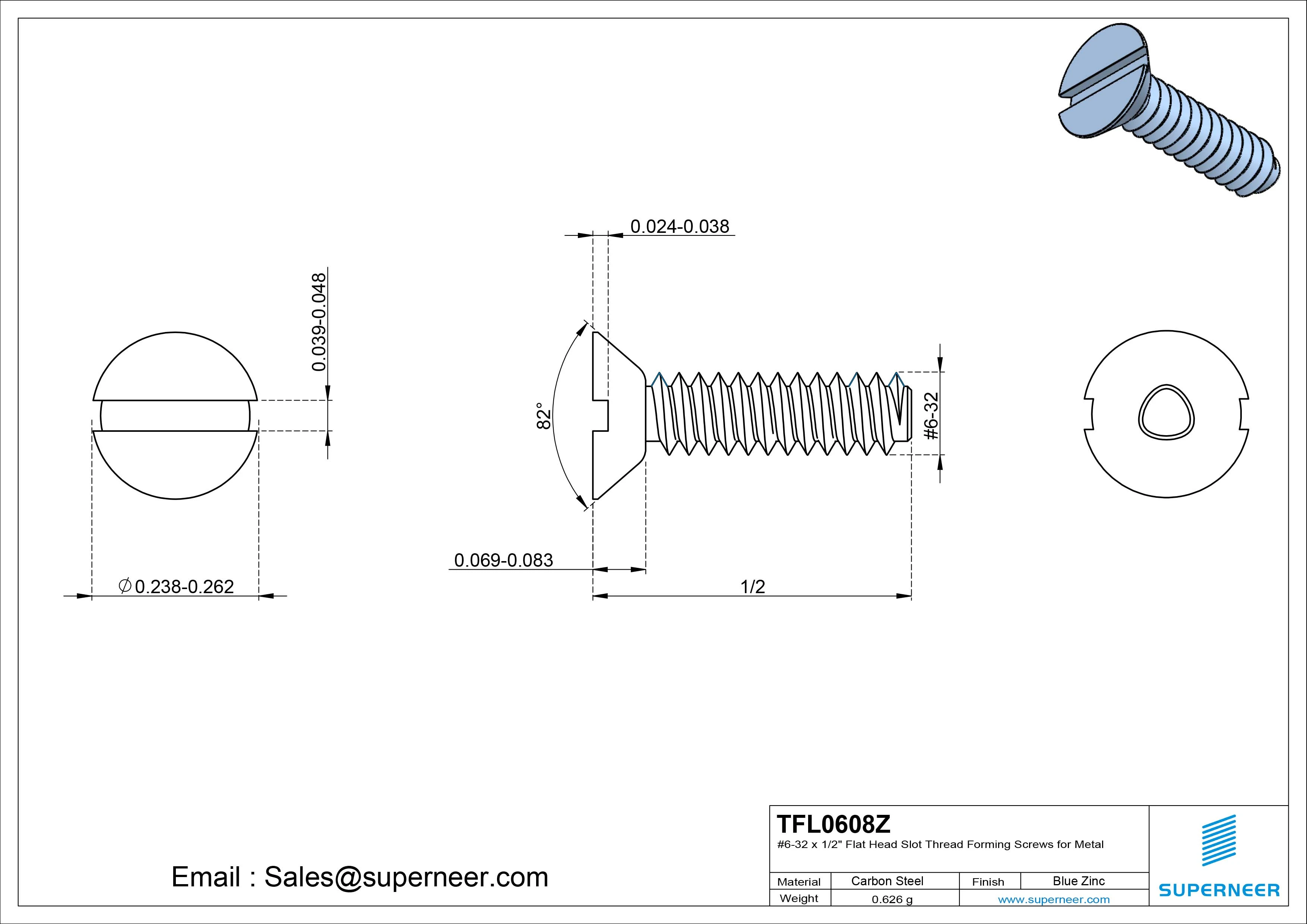 6-32 × 1/2 Flat Head Slot Thread Forming  Screws for Metal  Steel Blue Zinc Plated