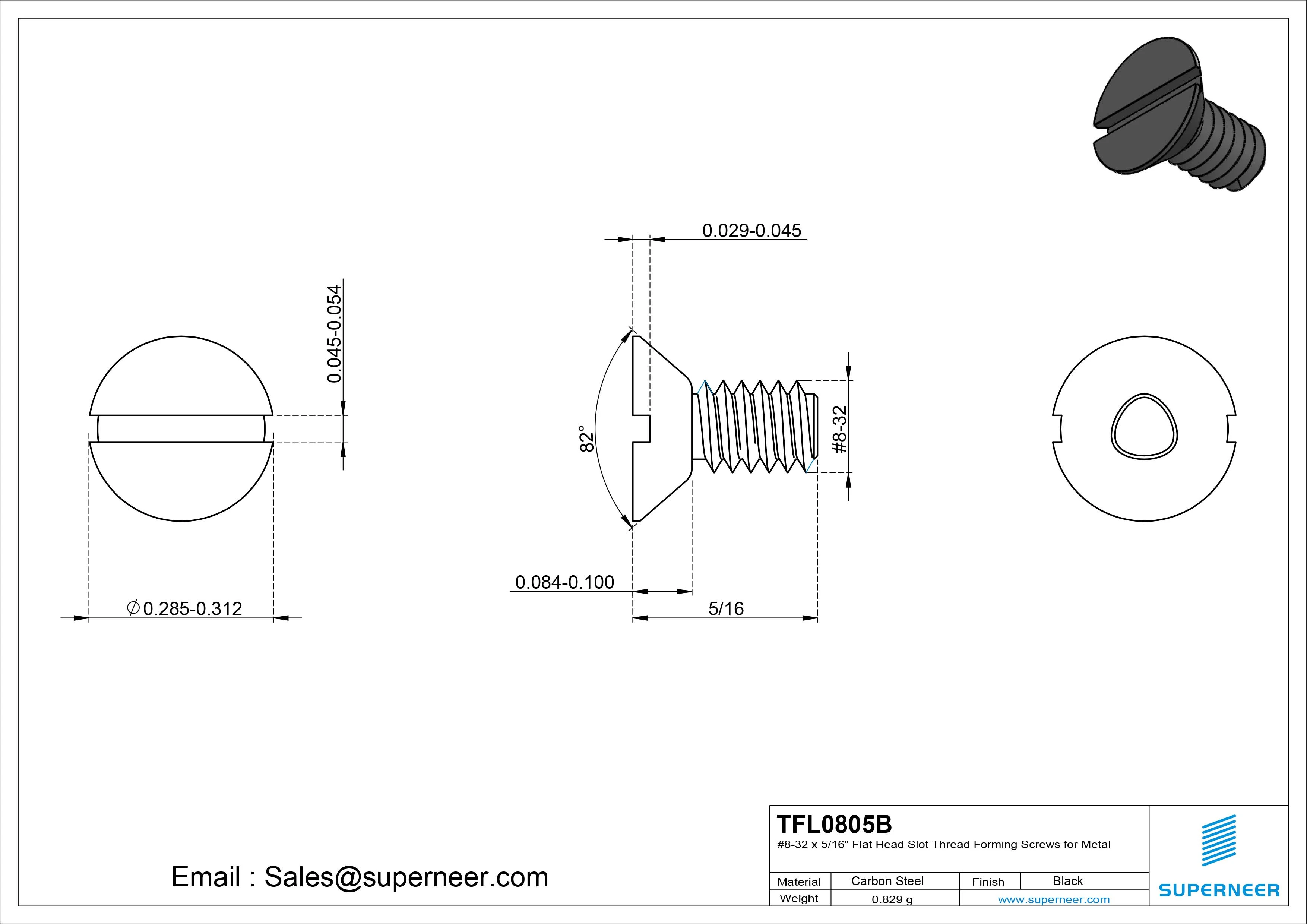 8-32 × 5/16 Flat Head Slot Thread Forming  Screws for Metal  Steel Black