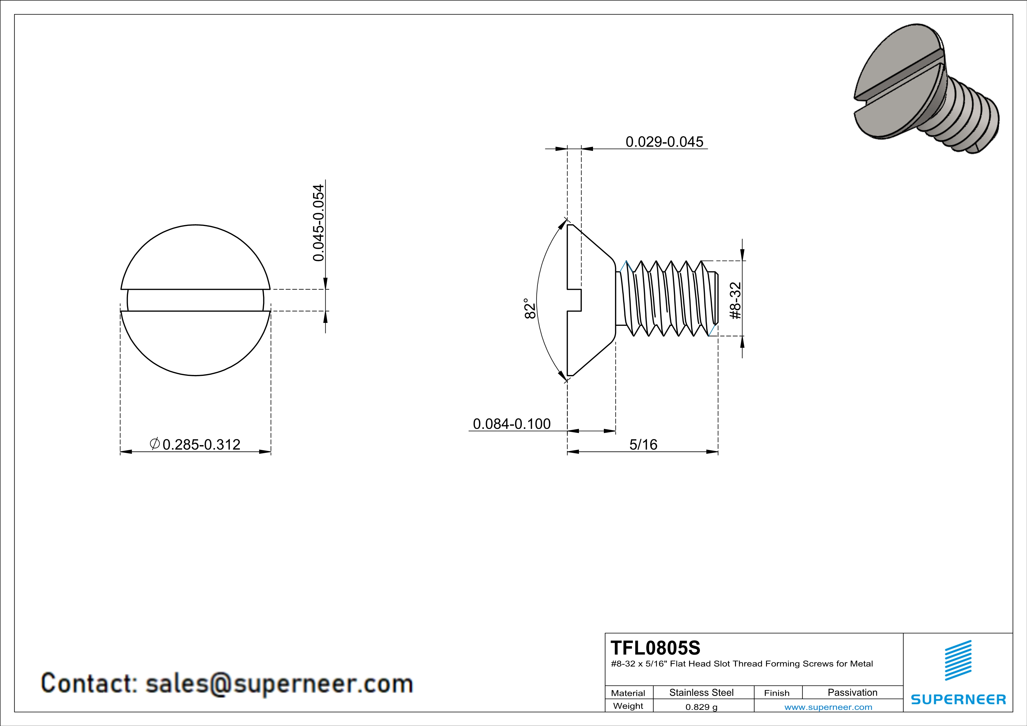 8-32 × 5/16 Flat Head Slot Thread Forming  Screws for Metal  SUS304 Stainless Steel Inox