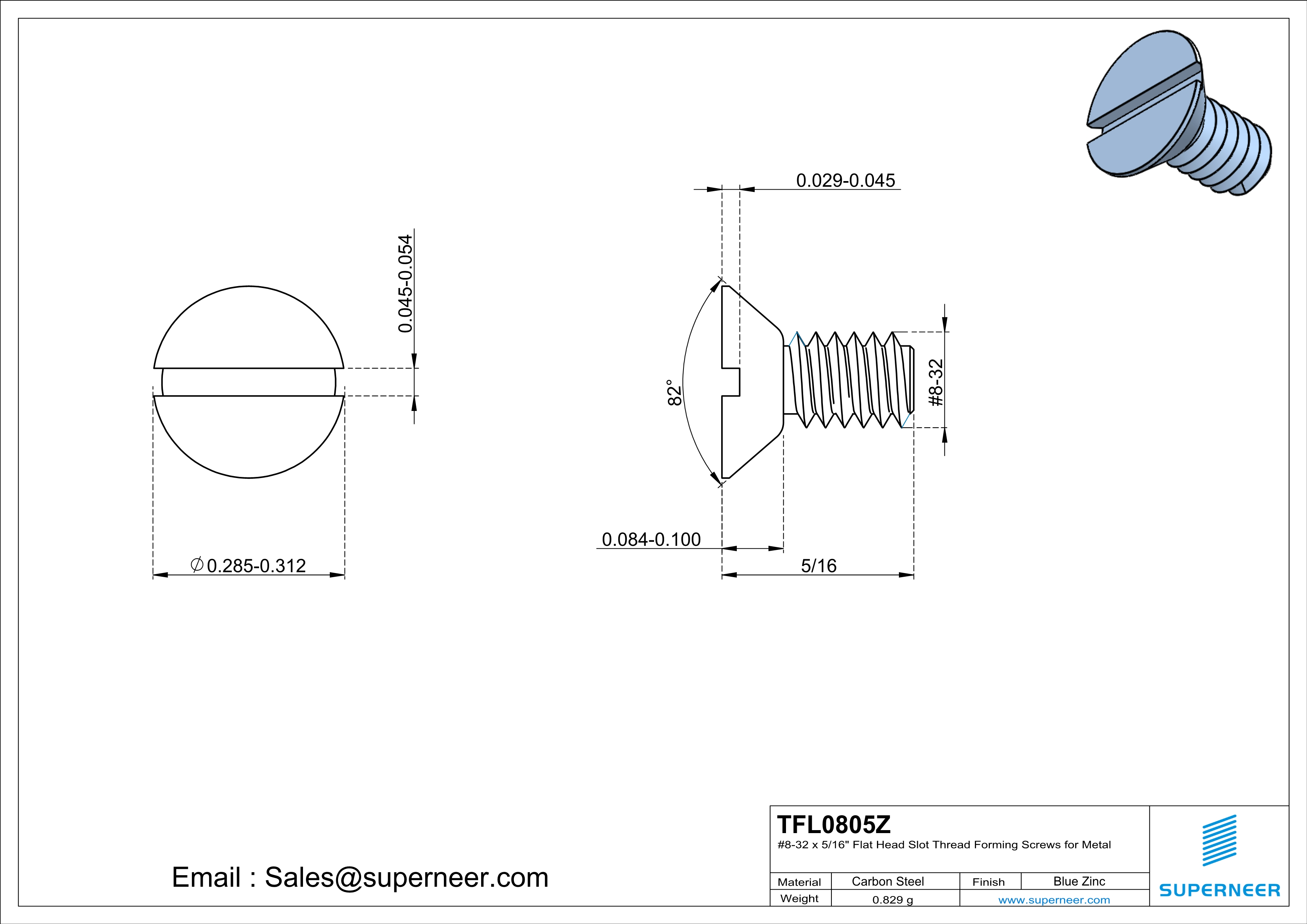 8-32 × 5/16 Flat Head Slot Thread Forming  Screws for Metal  Steel Blue Zinc Plated