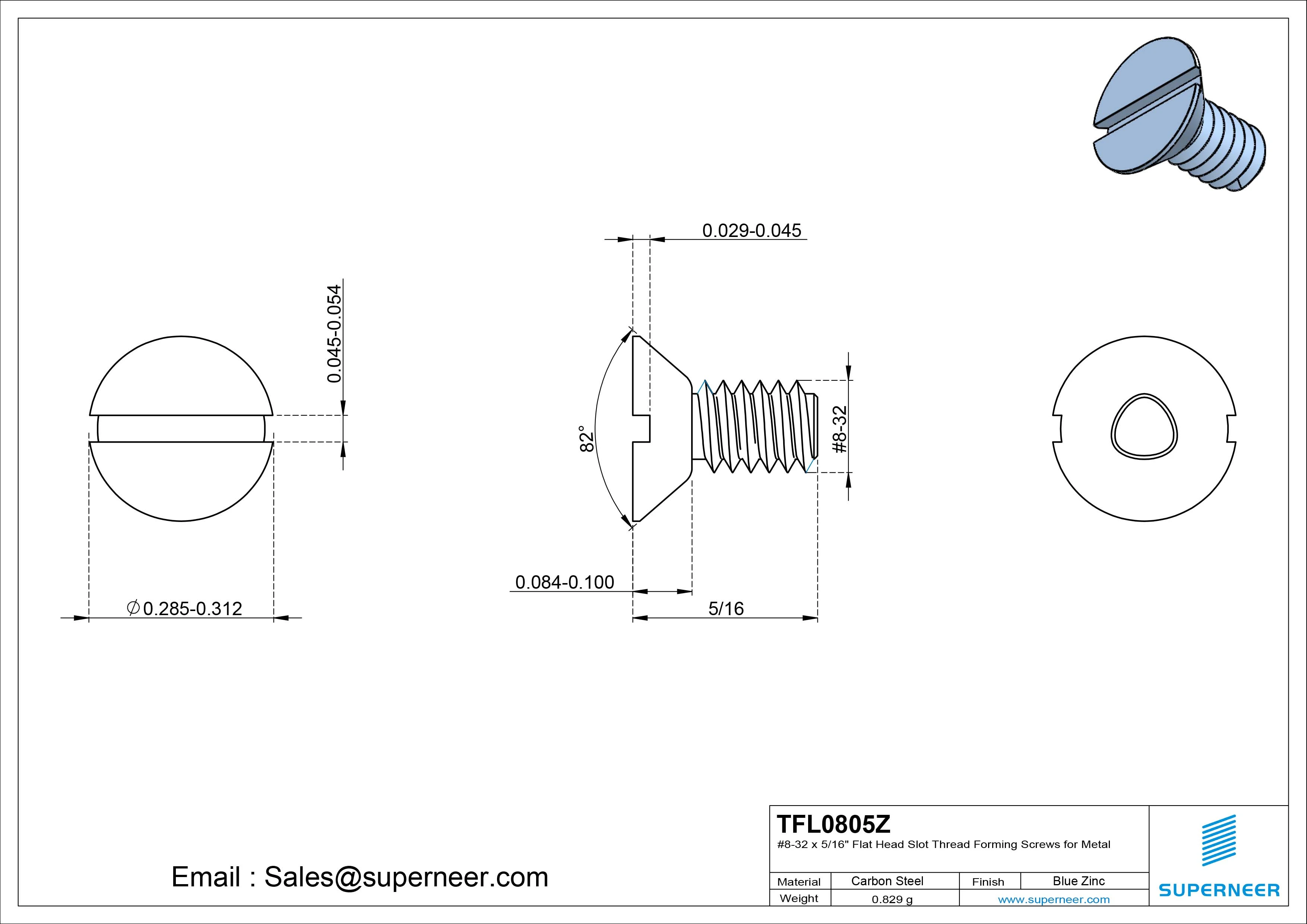 8-32 × 5/16 Flat Head Slot Thread Forming  Screws for Metal  Steel Blue Zinc Plated