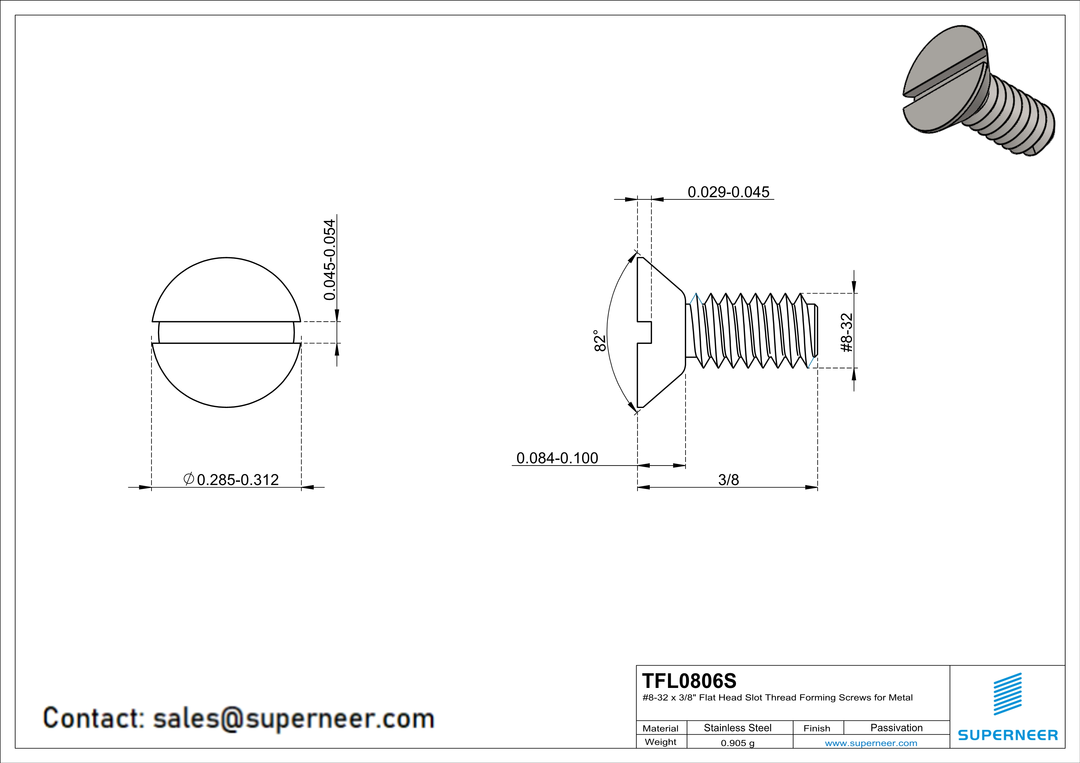 8-32 × 3/8 Flat Head Slot Thread Forming  Screws for Metal  SUS304 Stainless Steel Inox
