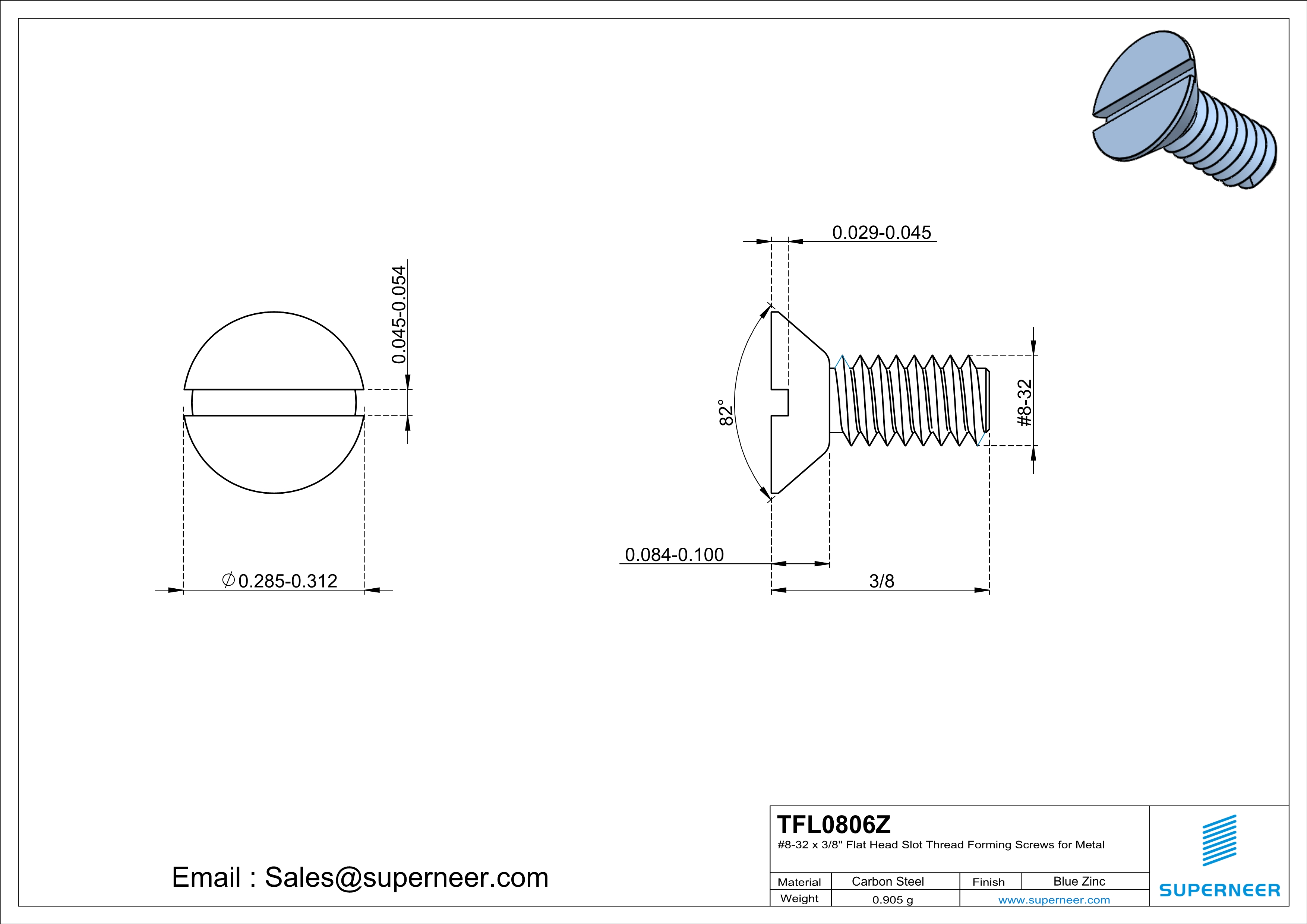 8-32 × 3/8 Flat Head Slot Thread Forming  Screws for Metal  Steel Blue Zinc Plated