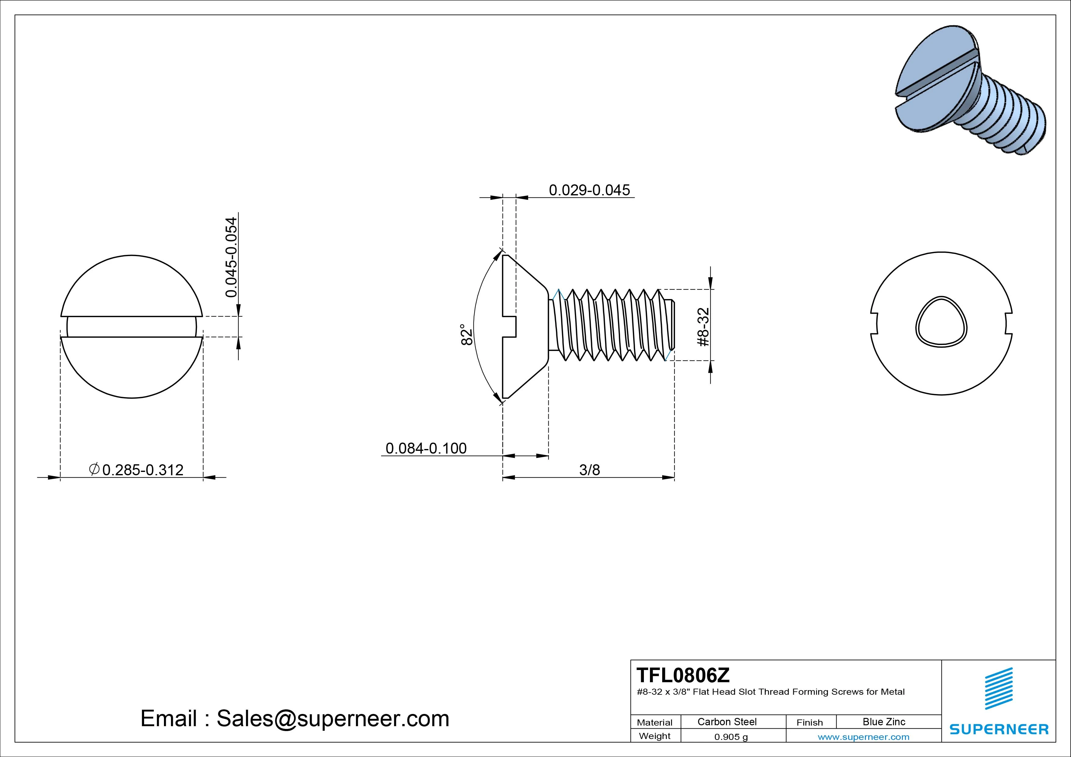 8-32 × 3/8 Flat Head Slot Thread Forming  Screws for Metal  Steel Blue Zinc Plated