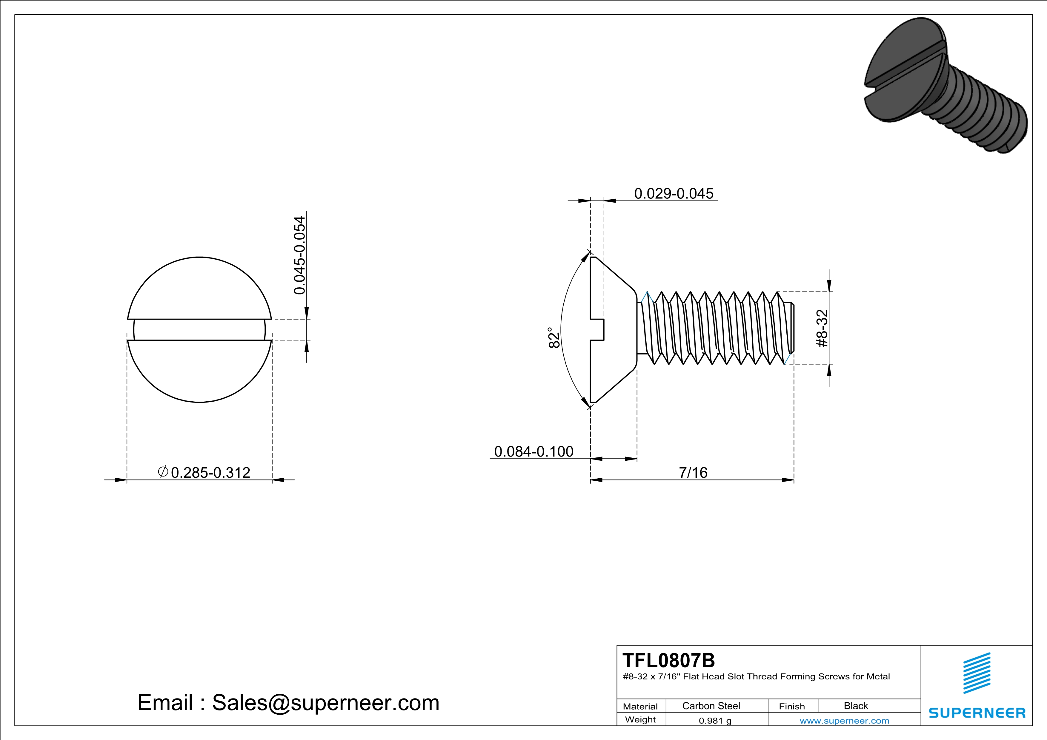 8-32 × 7/16 Flat Head Slot Thread Forming  Screws for Metal  Steel Black