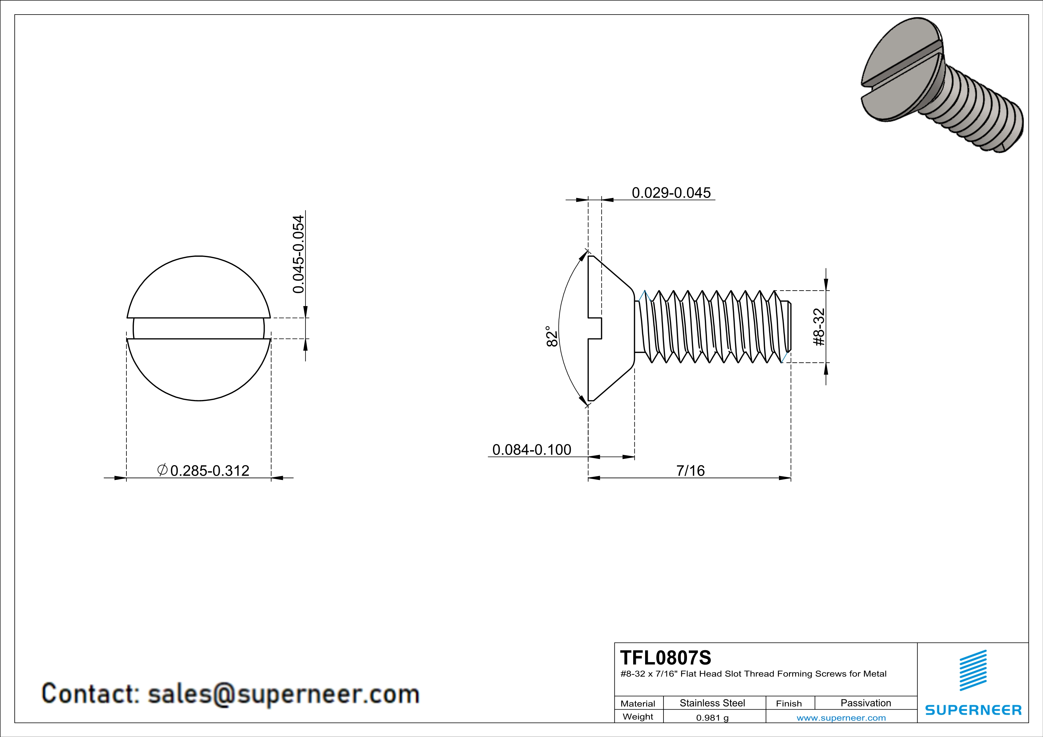 8-32 × 7/16 Flat Head Slot Thread Forming  Screws for Metal  SUS304 Stainless Steel Inox