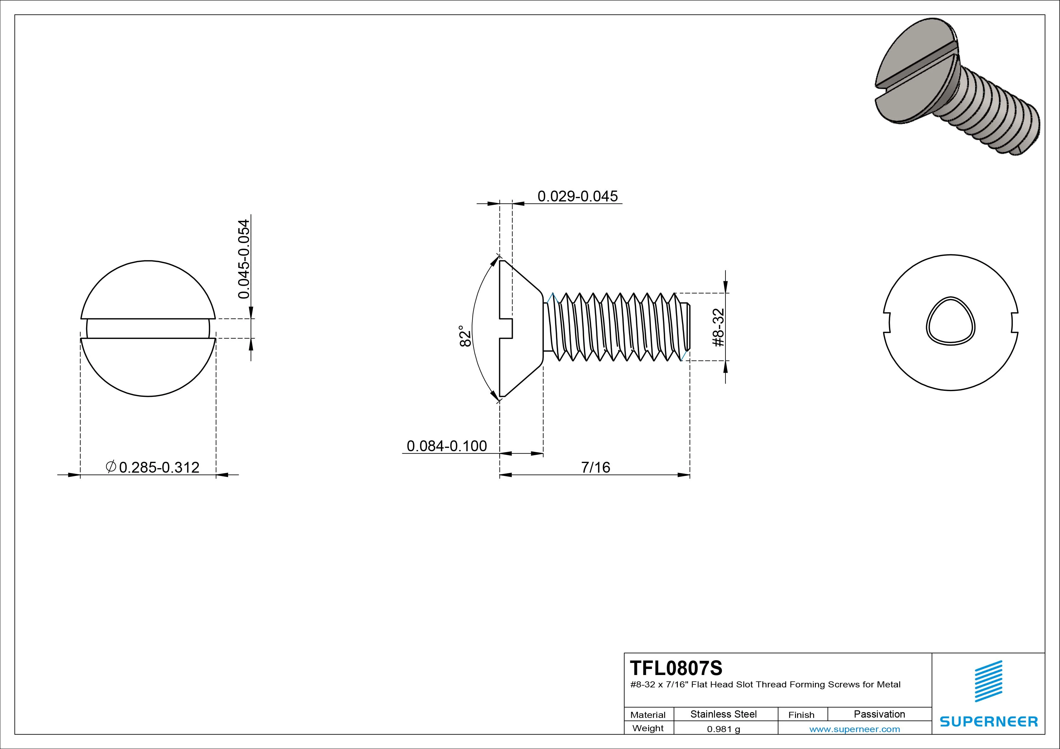 8-32 × 7/16 Flat Head Slot Thread Forming  Screws for Metal  SUS304 Stainless Steel Inox