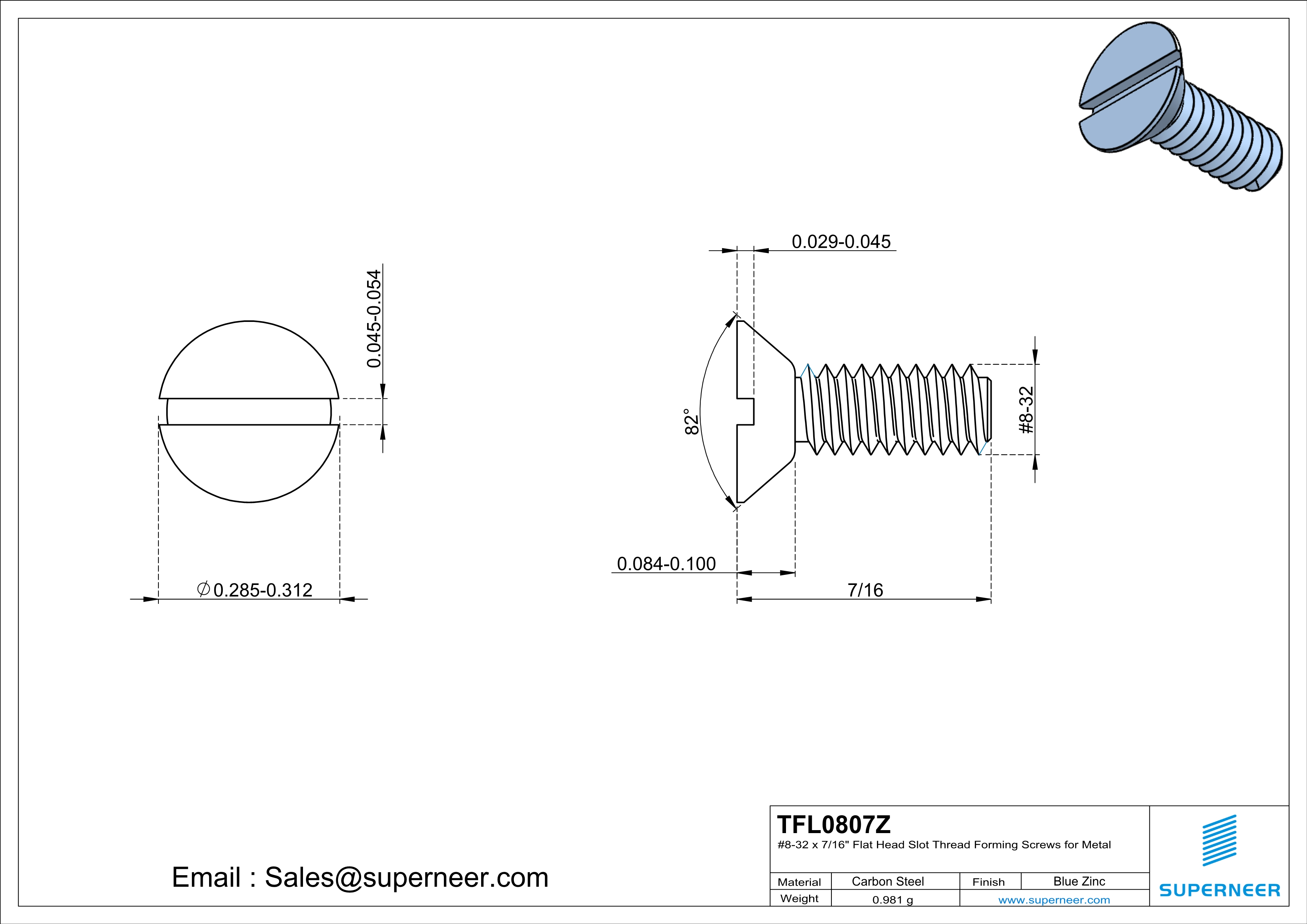 8-32 × 7/16 Flat Head Slot Thread Forming  Screws for Metal  Steel Blue Zinc Plated