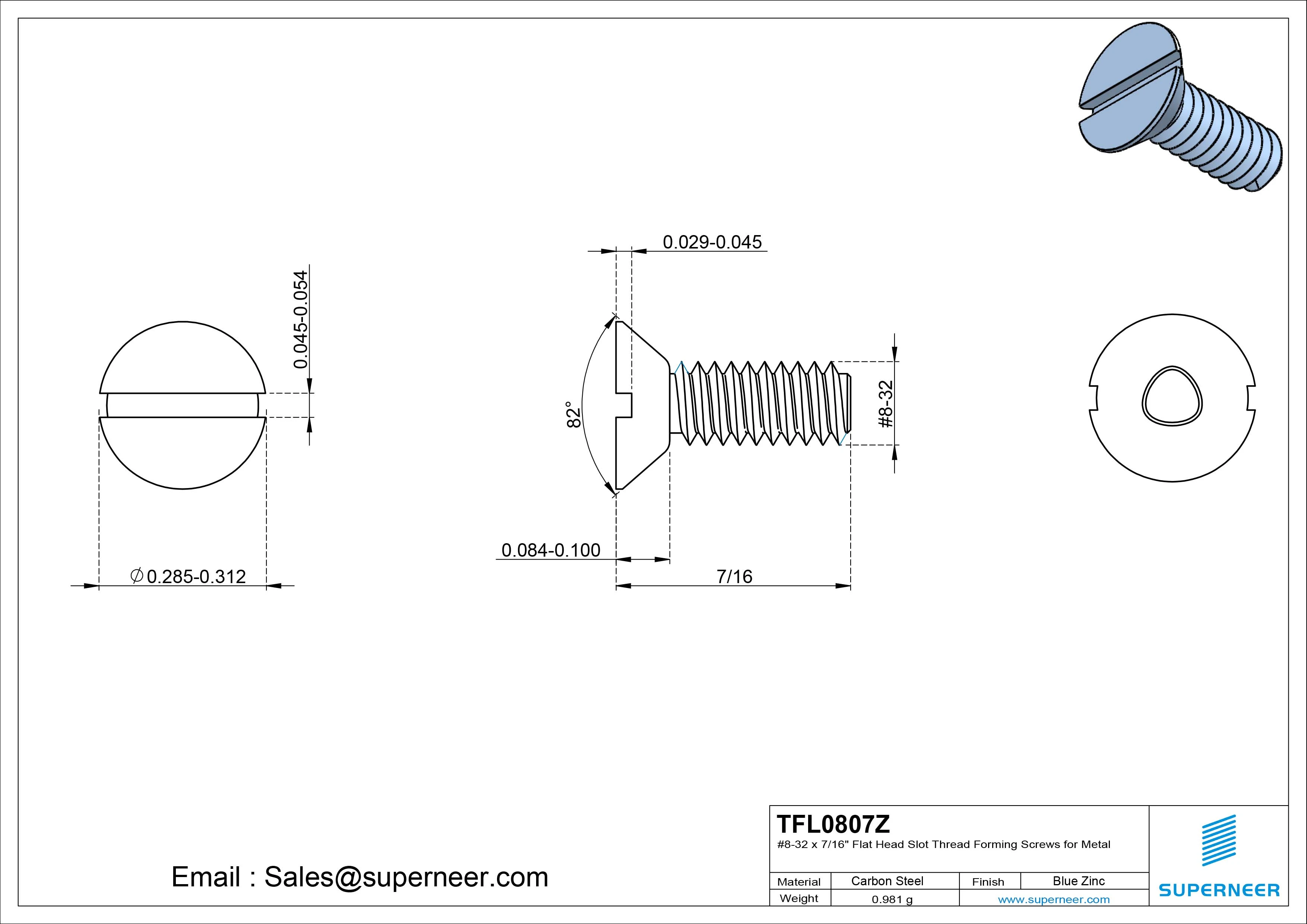 8-32 × 7/16 Flat Head Slot Thread Forming  Screws for Metal  Steel Blue Zinc Plated