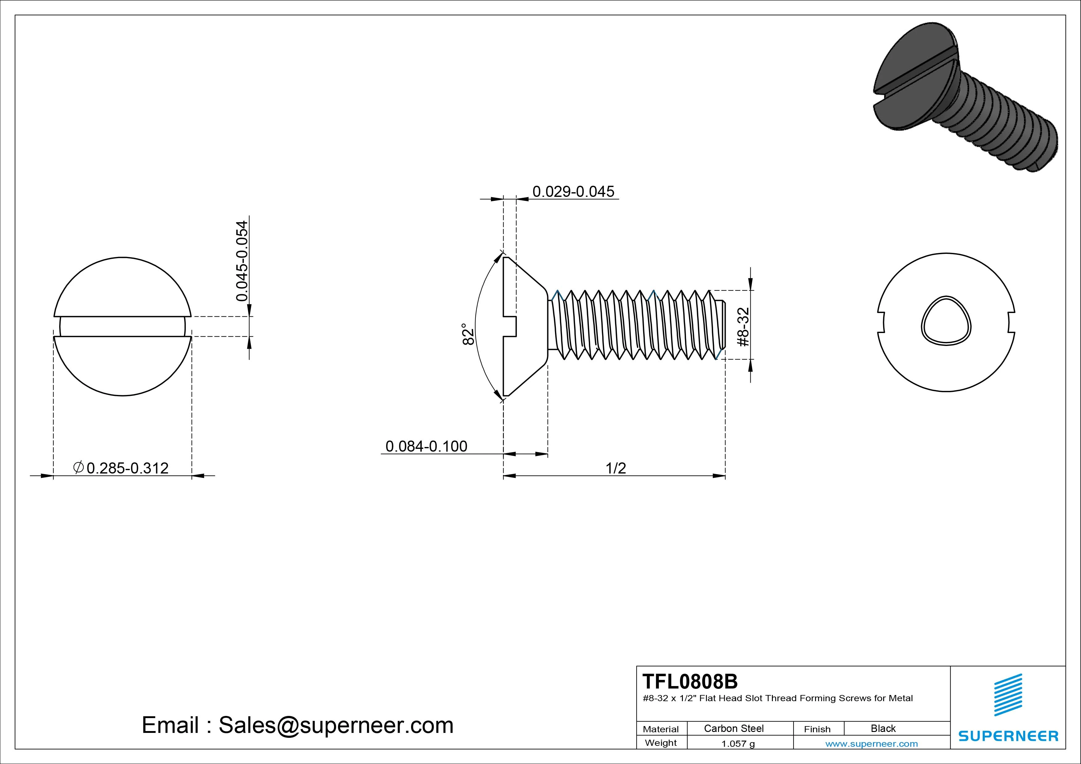 8-32 × 1/2 Flat Head Slot Thread Forming  Screws for Metal  Steel Black