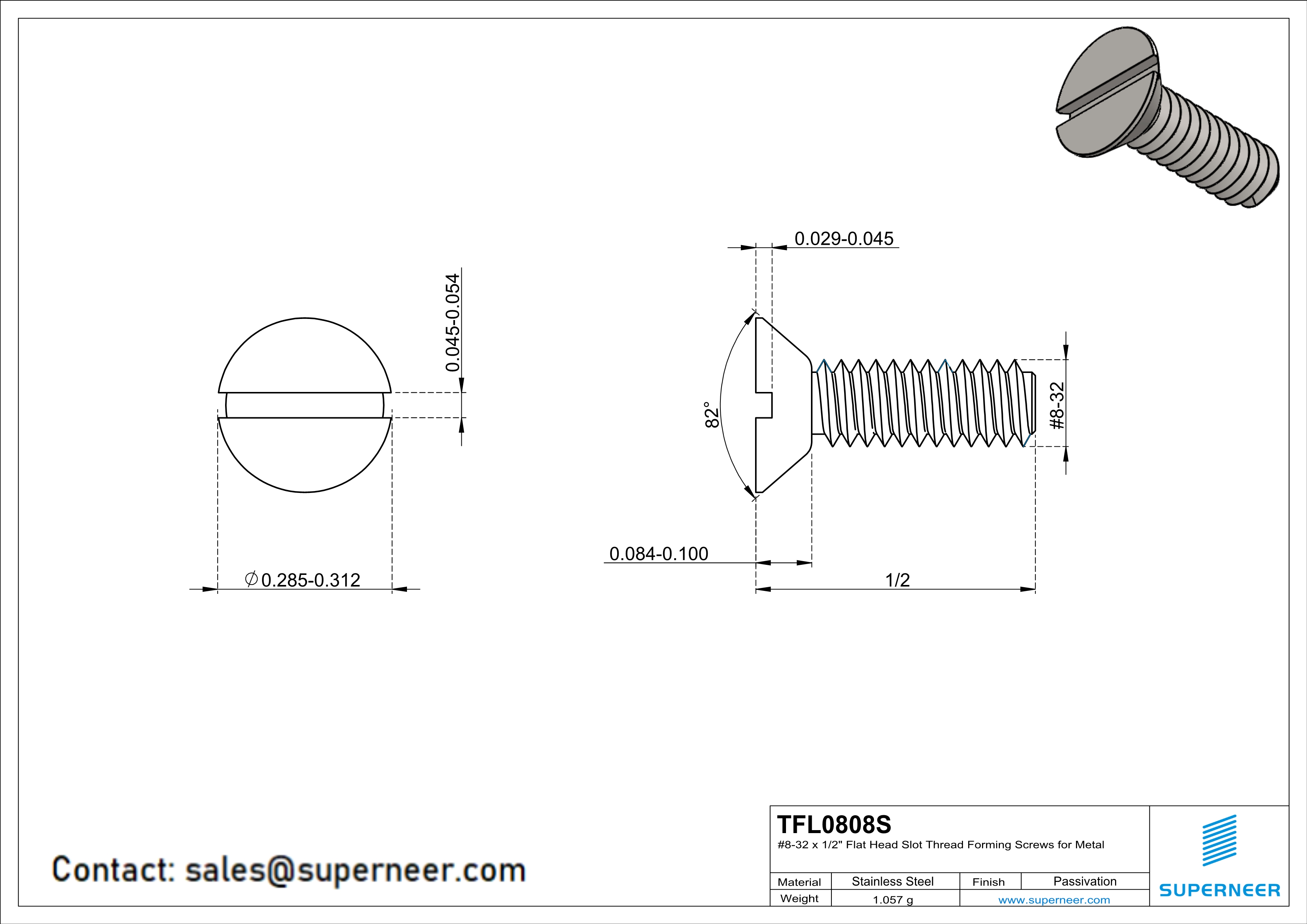 8-32 × 1/2 Flat Head Slot Thread Forming  Screws for Metal  SUS304 Stainless Steel Inox