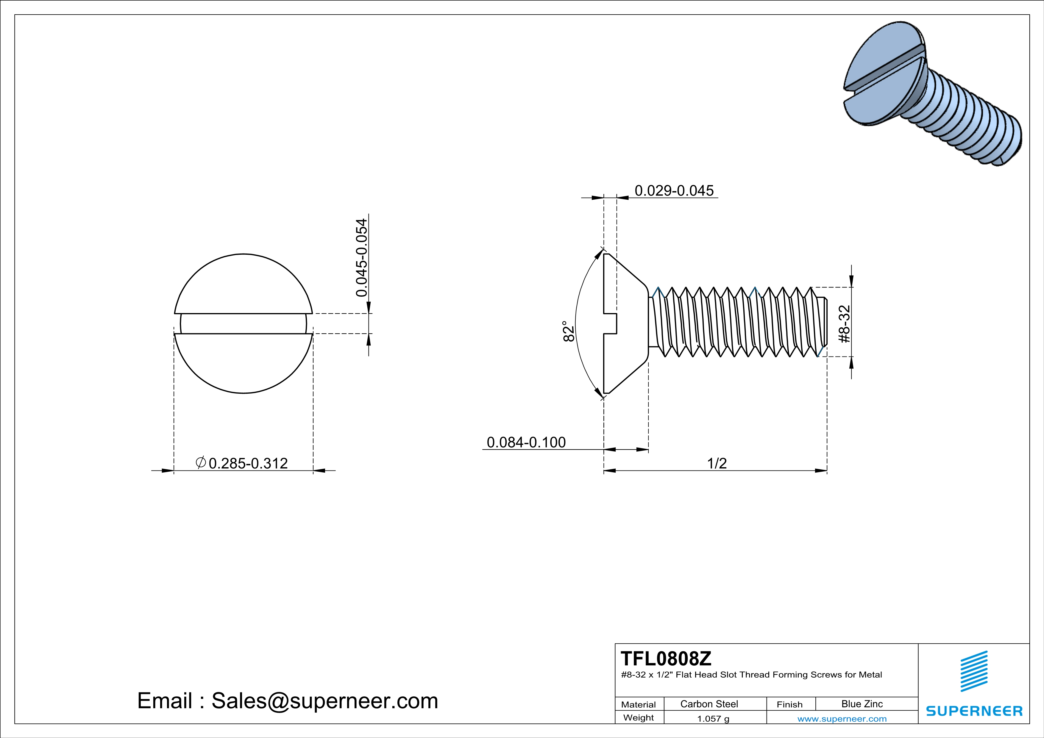 8-32 × 1/2 Flat Head Slot Thread Forming  Screws for Metal  Steel Blue Zinc Plated