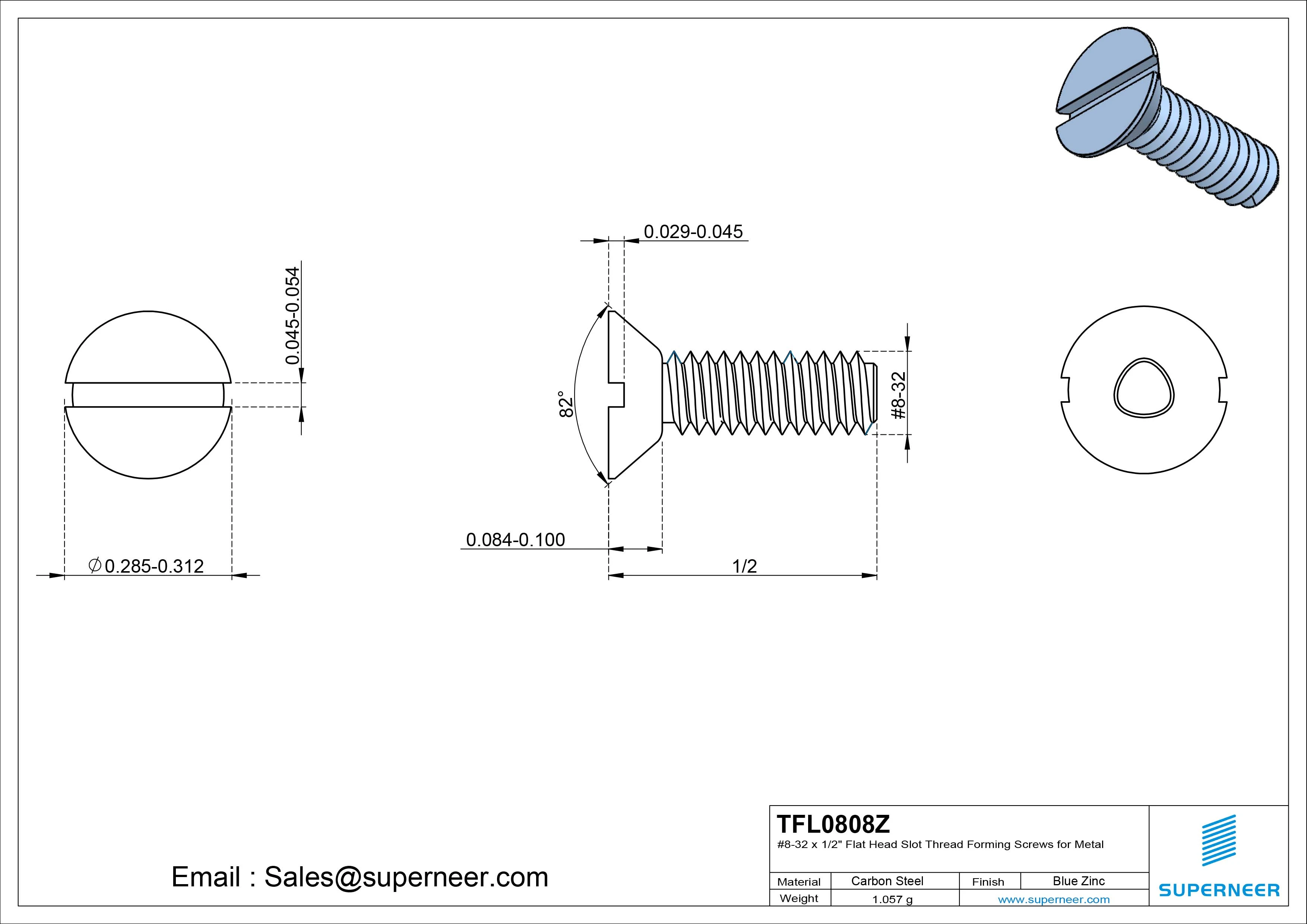 8-32 × 1/2 Flat Head Slot Thread Forming  Screws for Metal  Steel Blue Zinc Plated