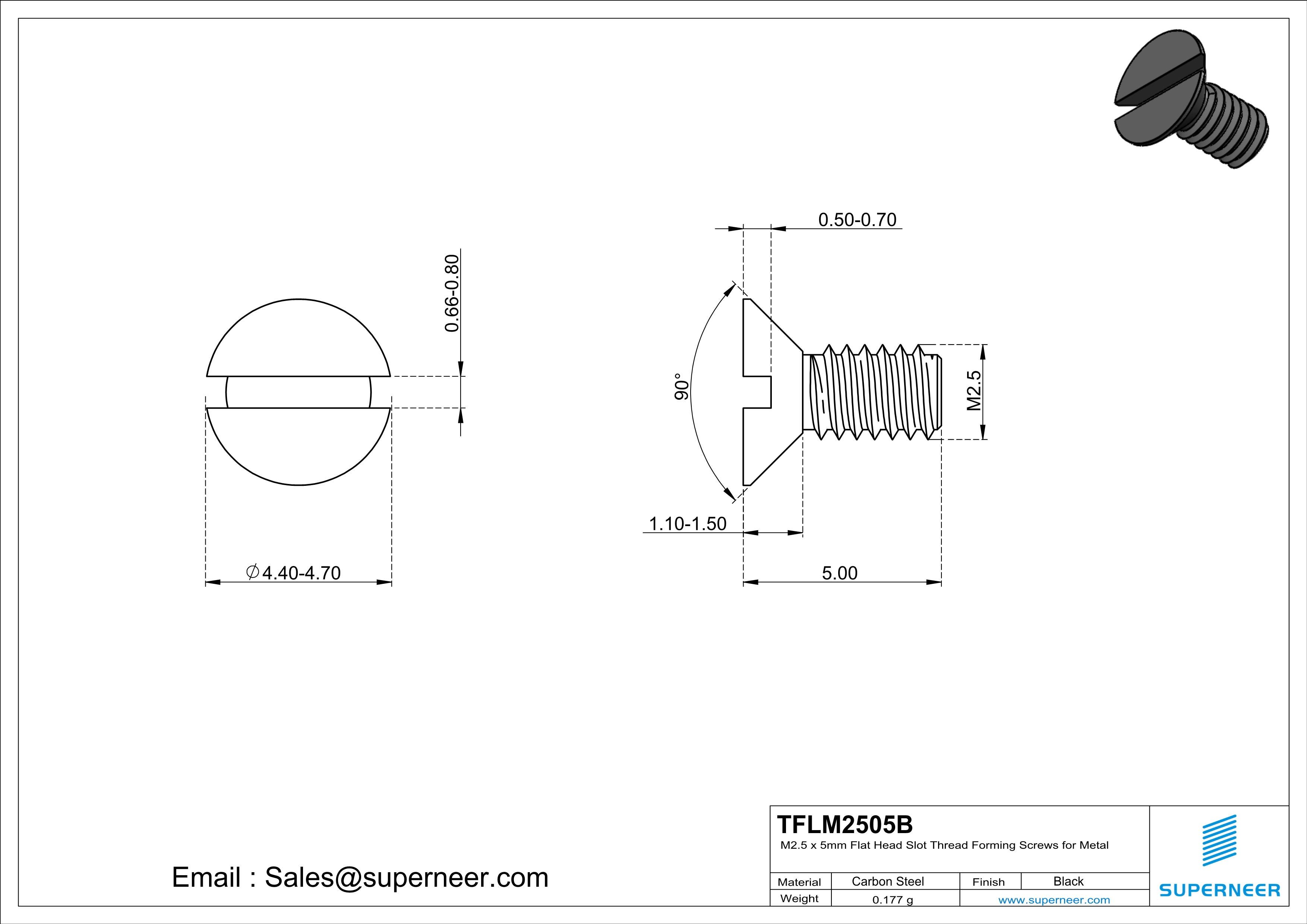 M2.5 × 5mm Flat Head Slot Thread Forming Screws for Metal Steel Black