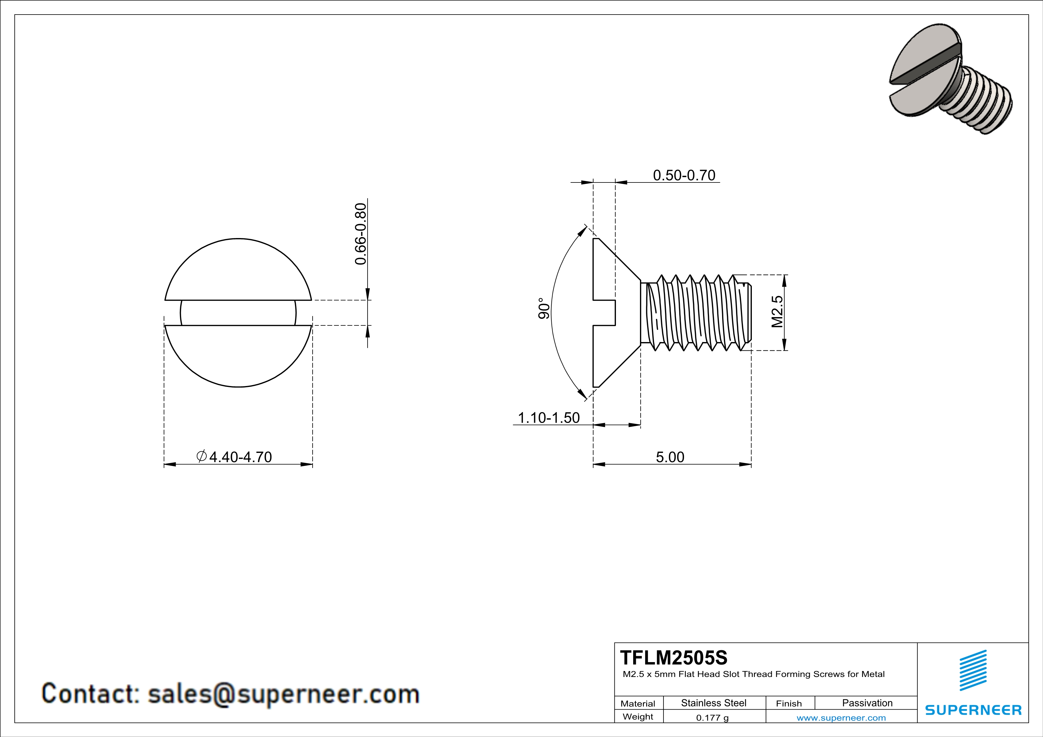 M2.5 × 5mm Flat Head Slot Thread Forming Screws for Metal SUS304 Stainless Steel Inox