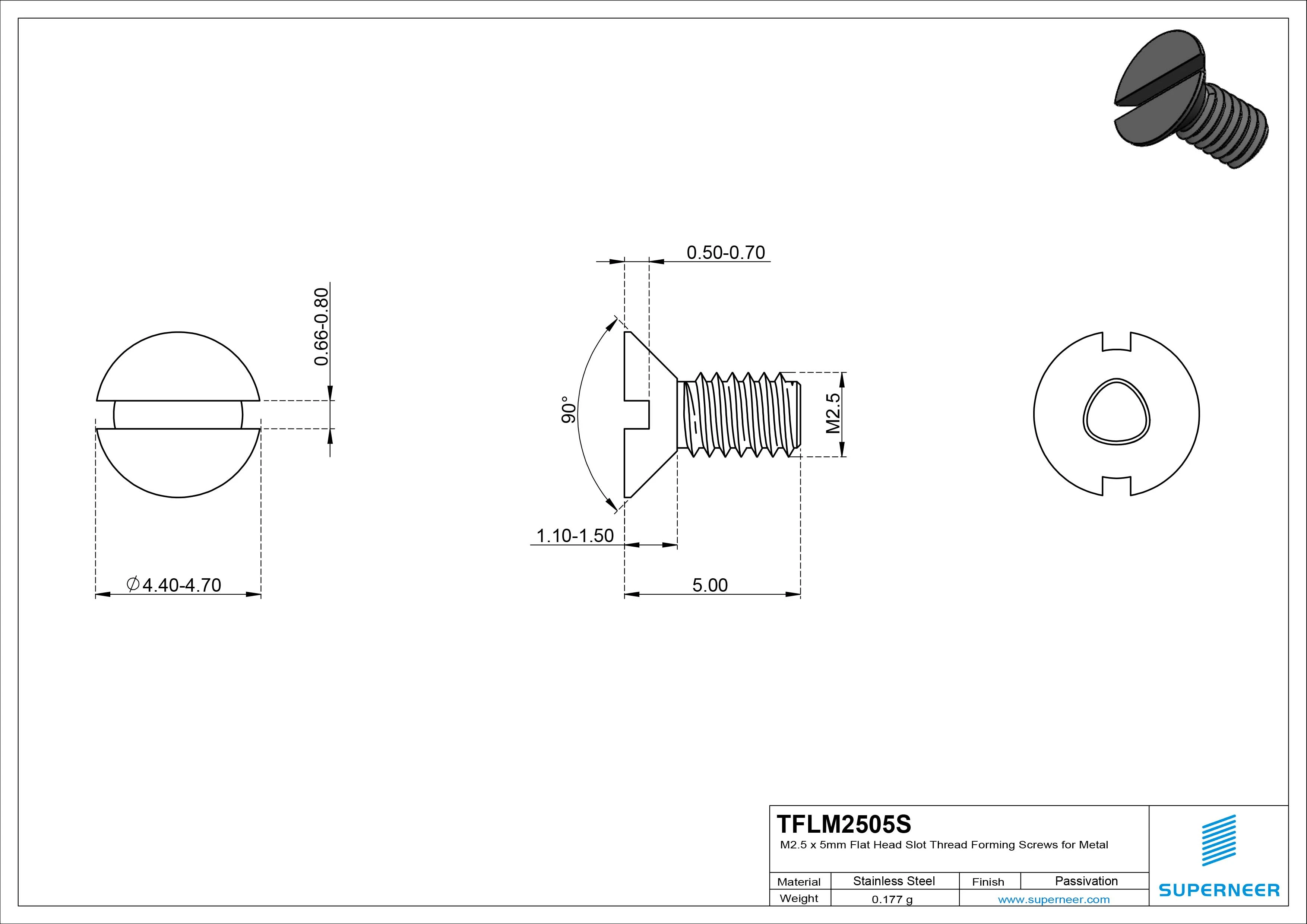 M2.5 × 5mm Flat Head Slot Thread Forming Screws for Metal SUS304 Stainless Steel Inox