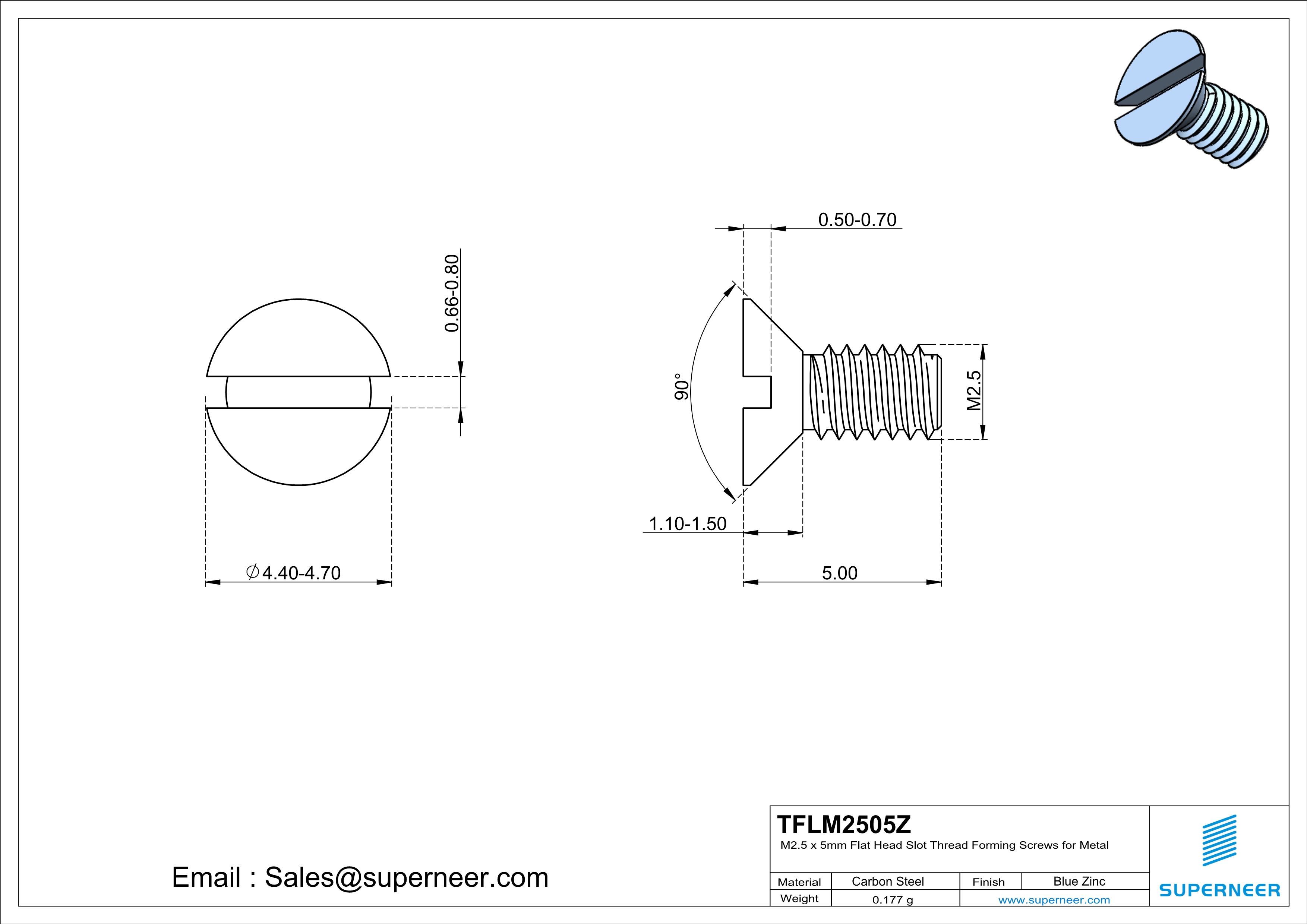 M2.5 × 5mm Flat Head Slot Thread Forming Screws for Metal Steel Blue Zinc Plated