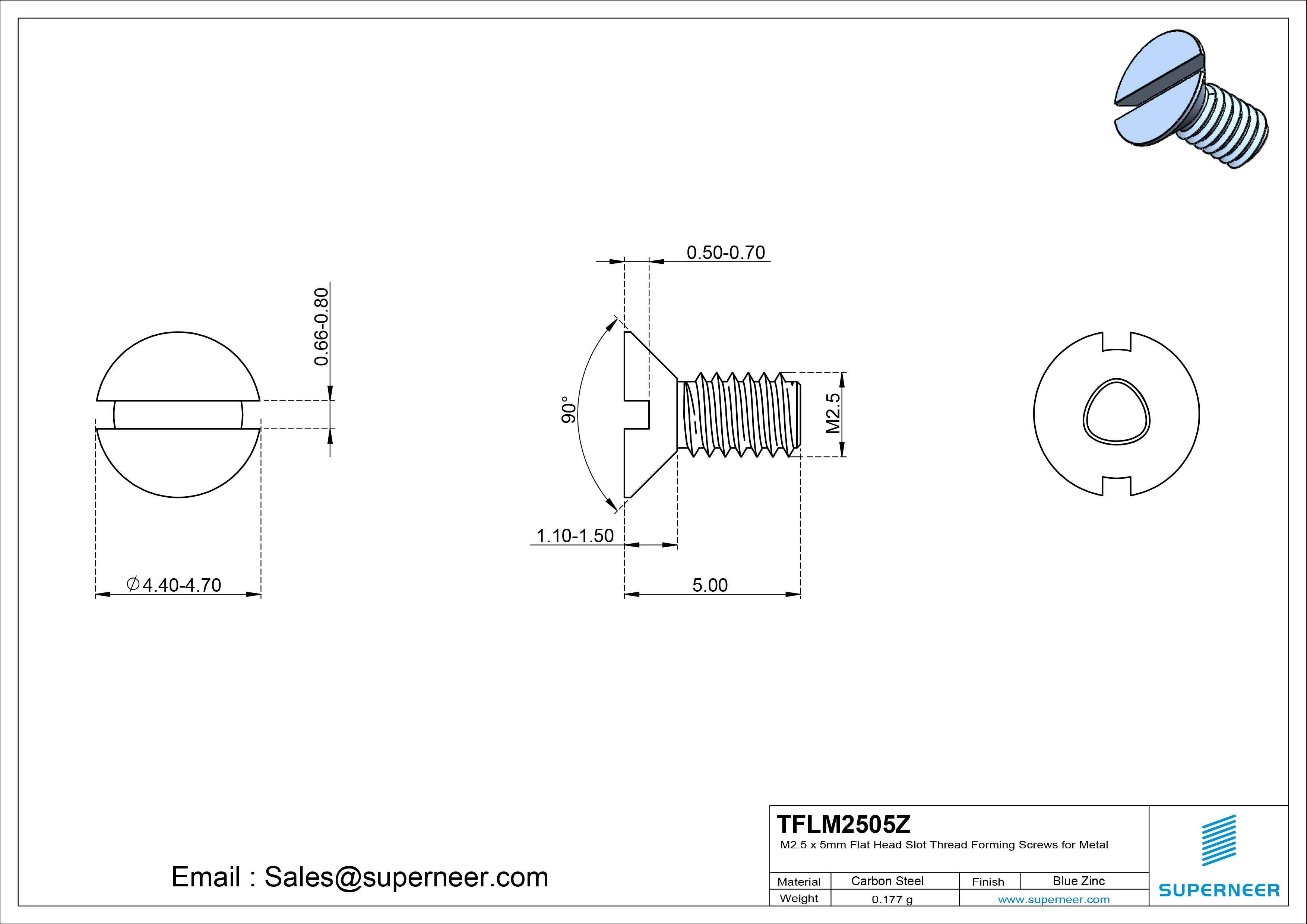 M2.5 × 5mm Flat Head Slot Thread Forming Screws for Metal Steel Blue Zinc Plated