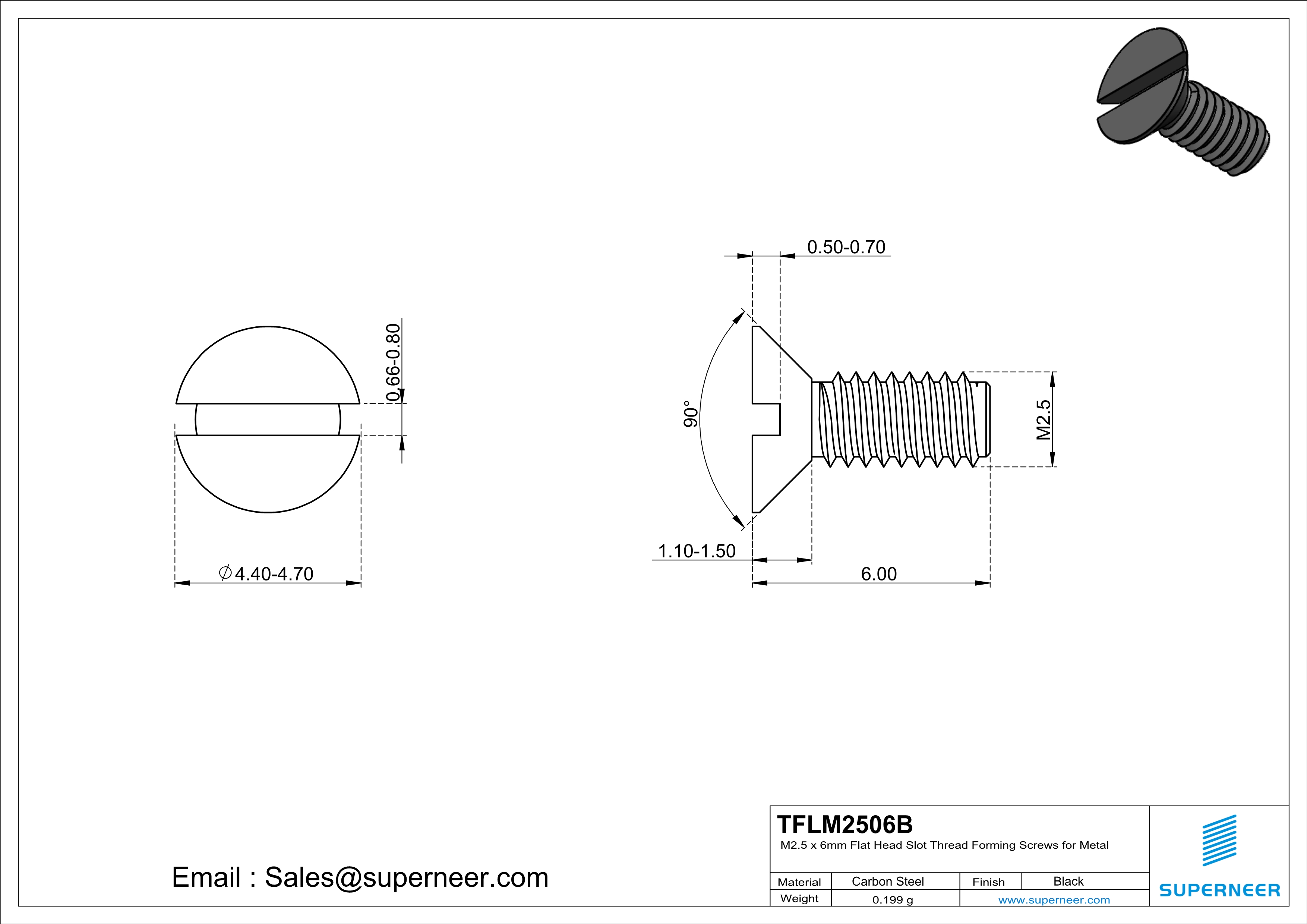 M2.5 × 6mm Flat Head Slot Thread Forming Screws for Metal Steel Black