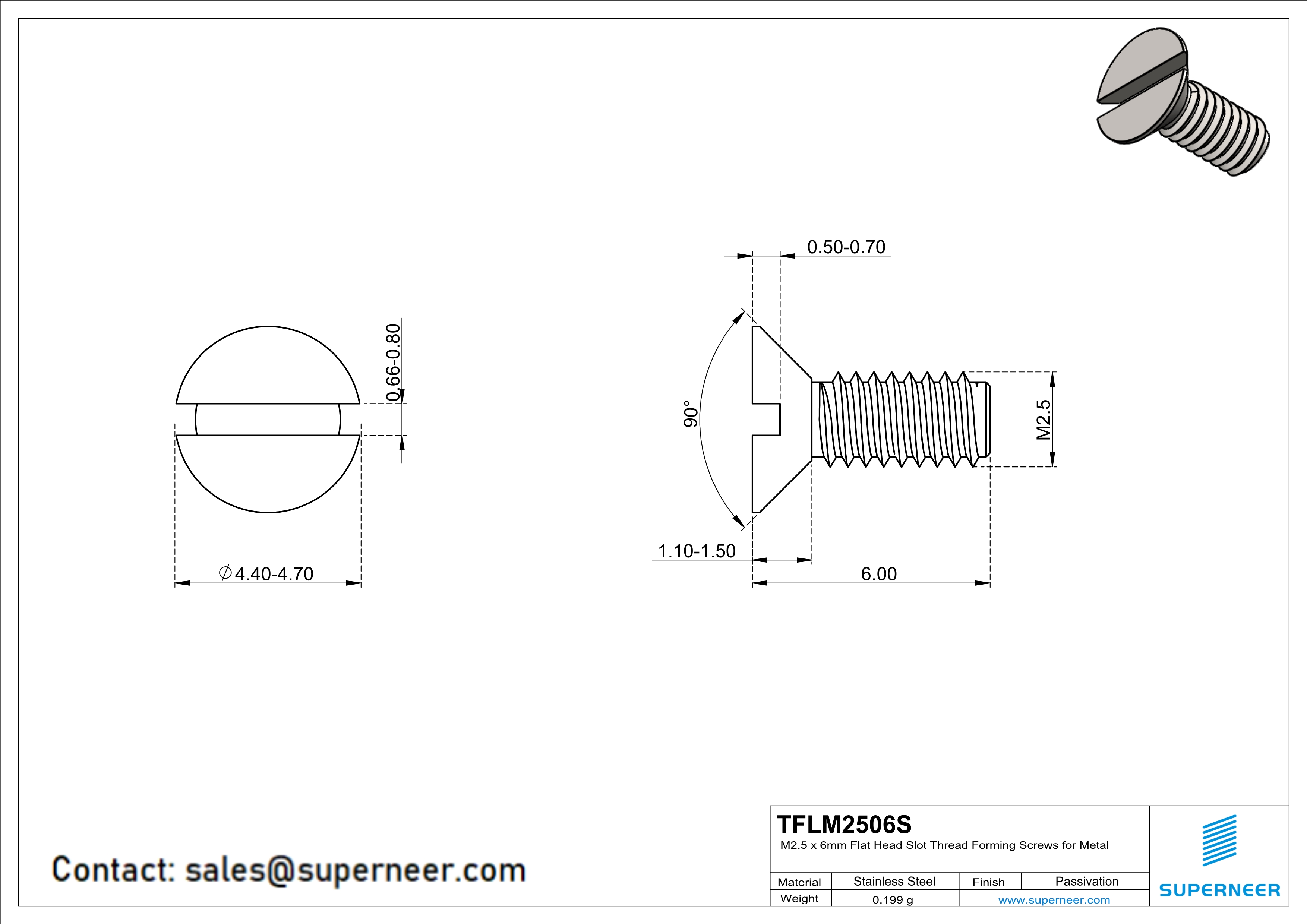 M2.5 × 6mm Flat Head Slot Thread Forming Screws for Metal SUS304 Stainless Steel Inox
