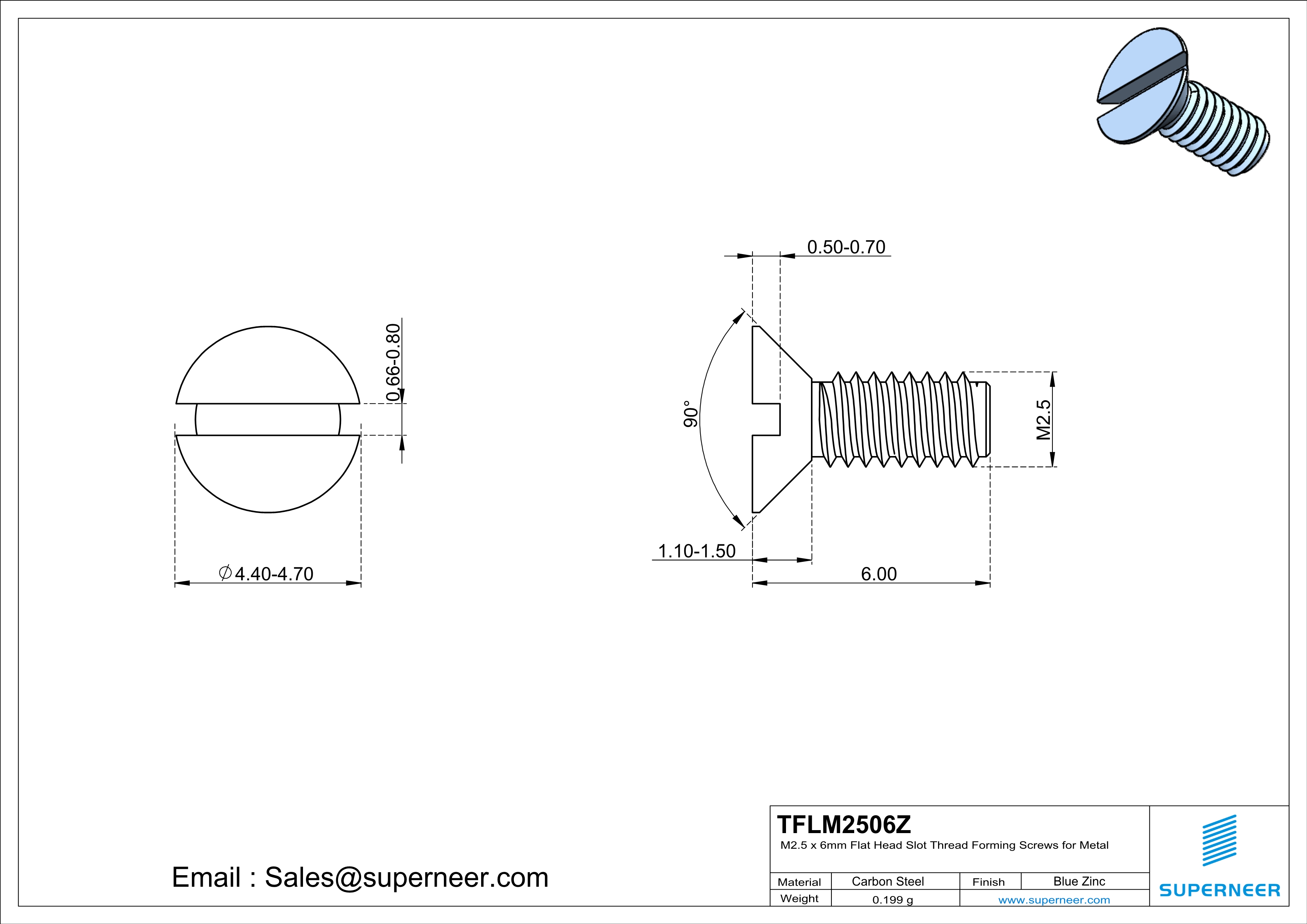 M2.5 × 6mm Flat Head Slot Thread Forming Screws for Metal Steel Blue Zinc Plated