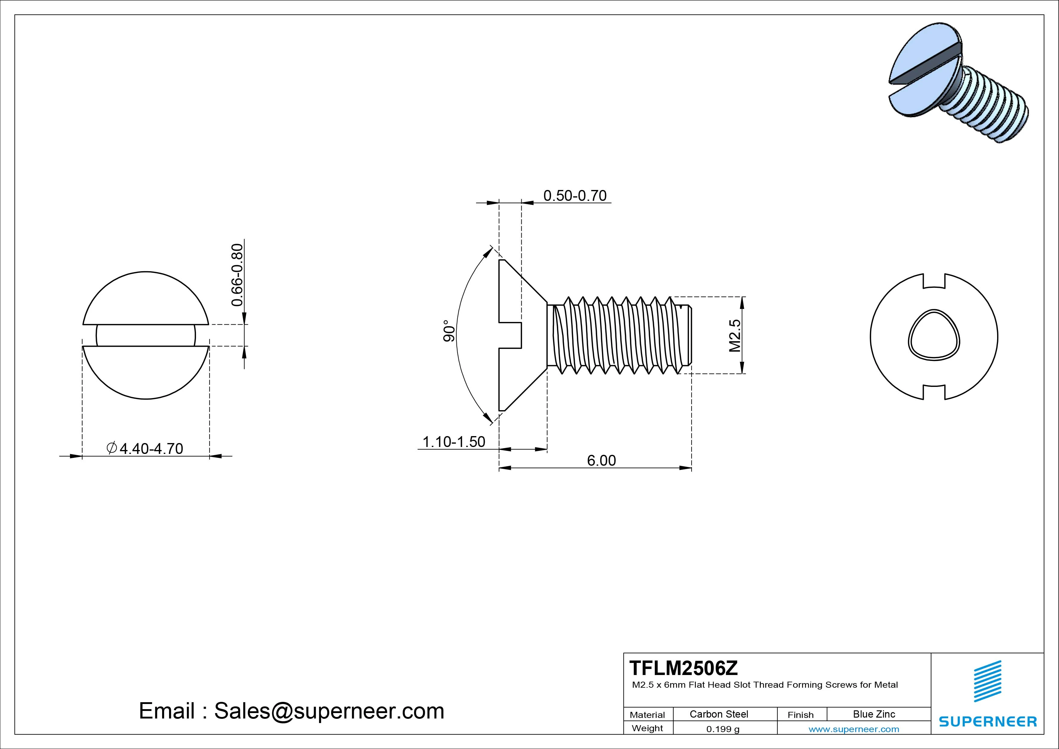 M2.5 × 6mm Flat Head Slot Thread Forming Screws for Metal Steel Blue Zinc Plated