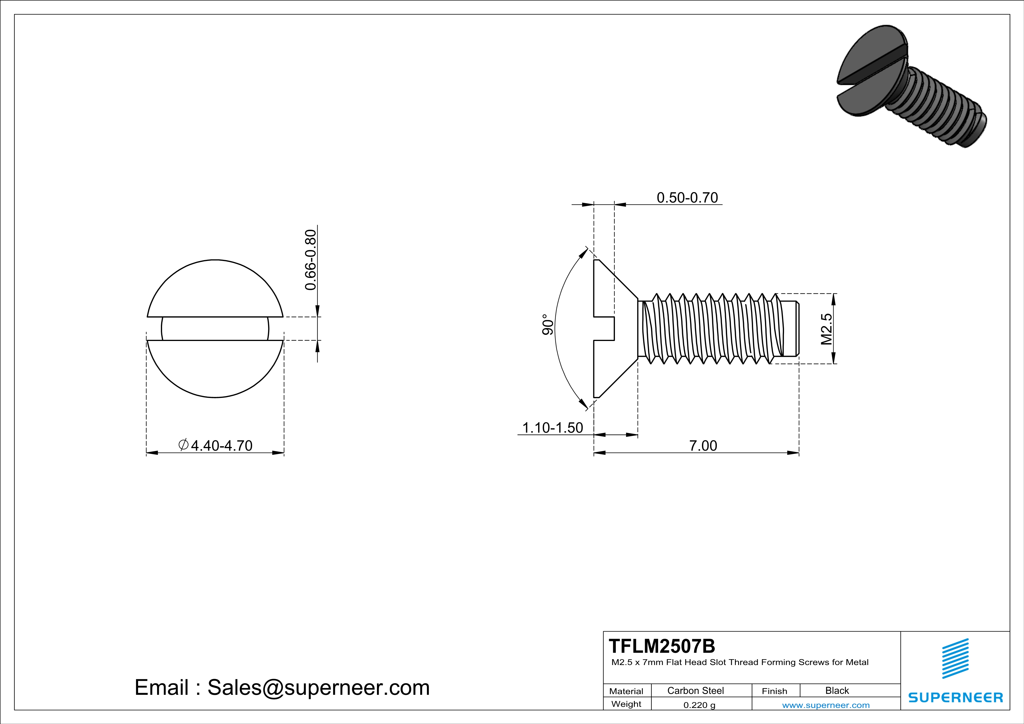 M2.5 × 7mm Flat Head Slot Thread Forming Screws for Metal Steel Black