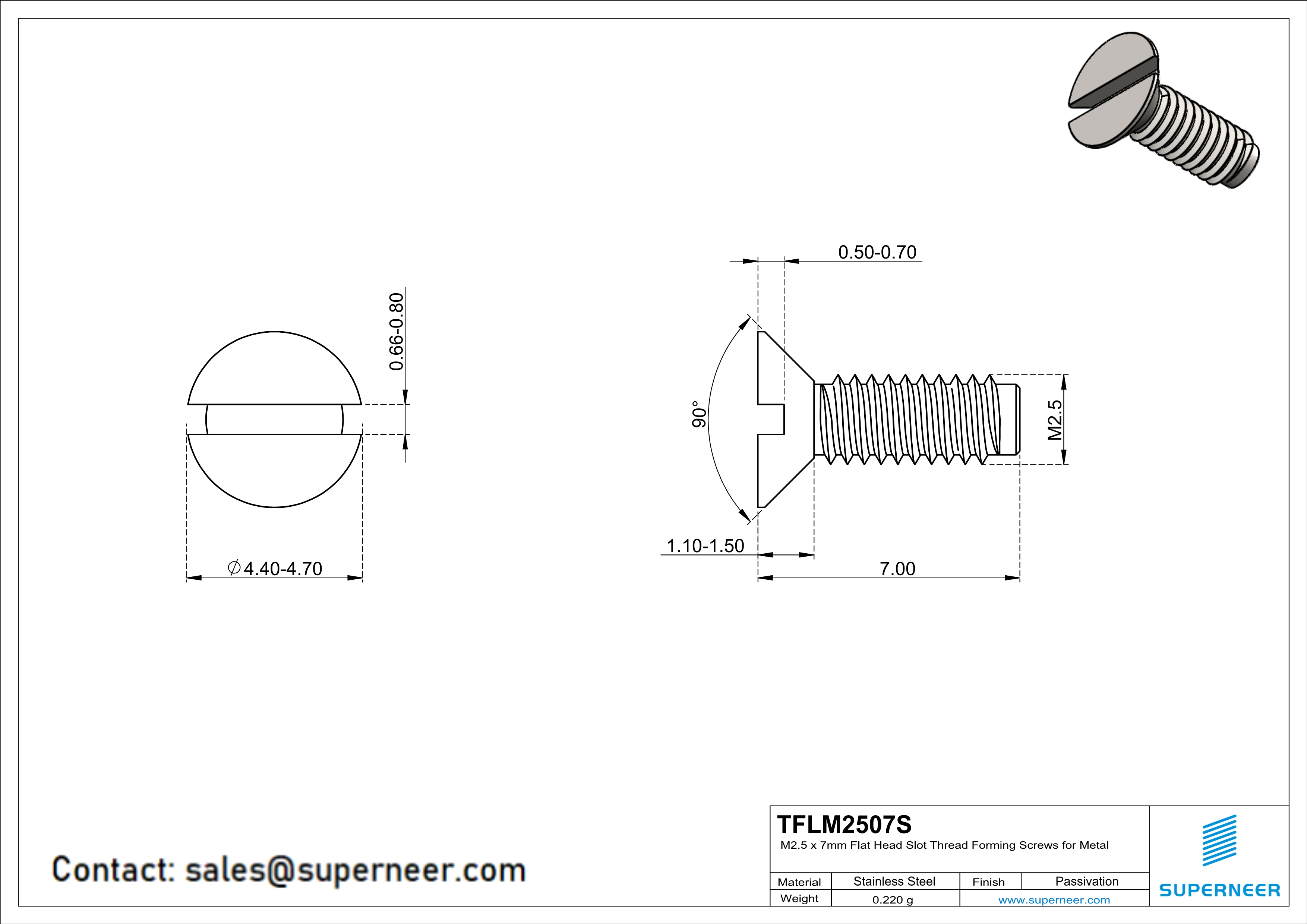 M2.5 × 7mm Flat Head Slot Thread Forming Screws for Metal SUS304 Stainless Steel Inox
